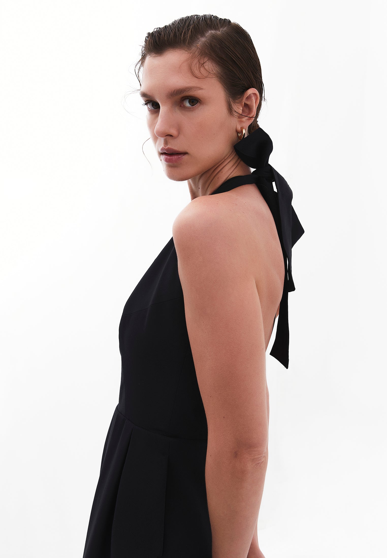 Tie Midi Dress With Crew Neck And A-Line - BLACK