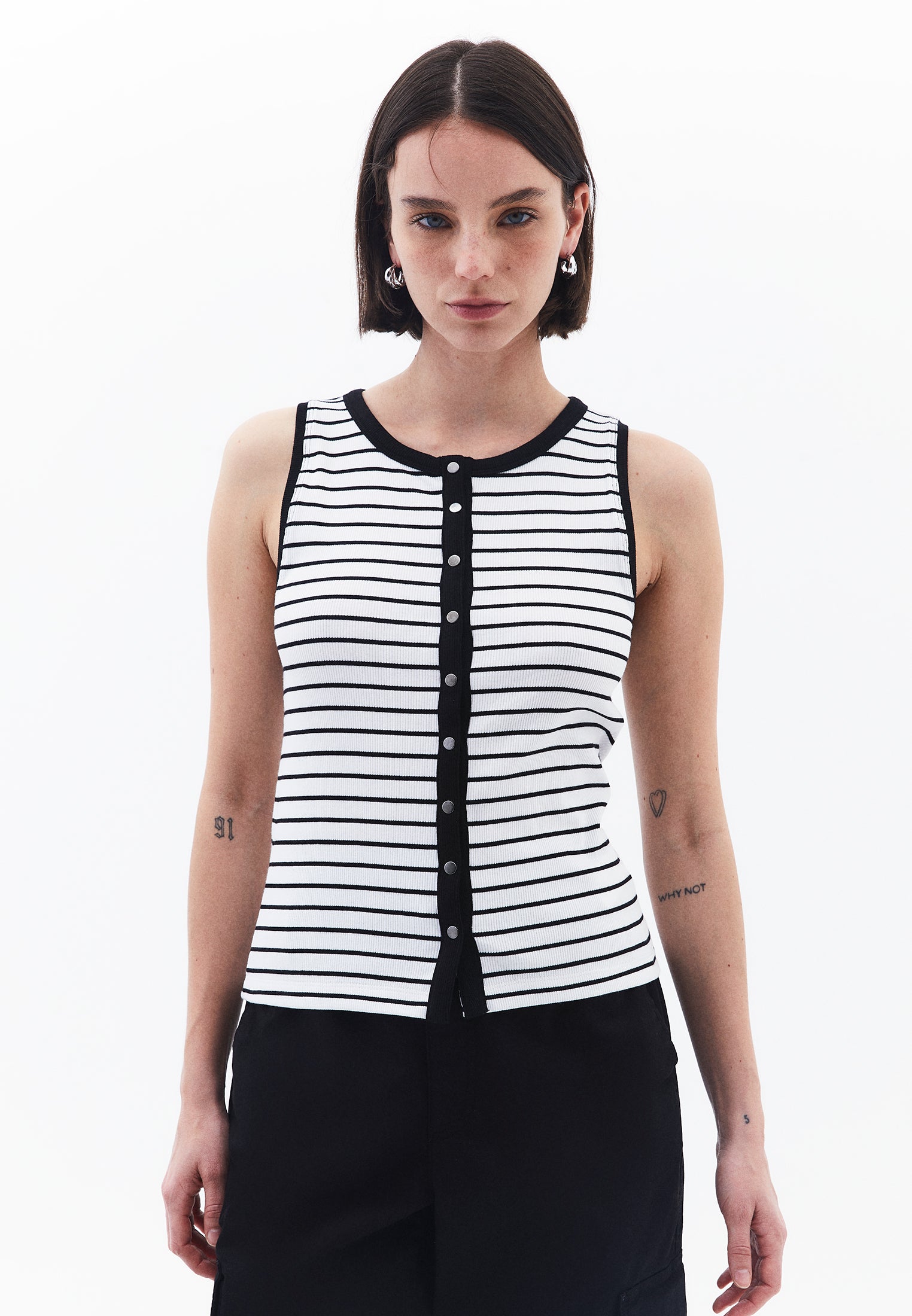 Crew Neck Striped Tank Top - WHITE/BLACK