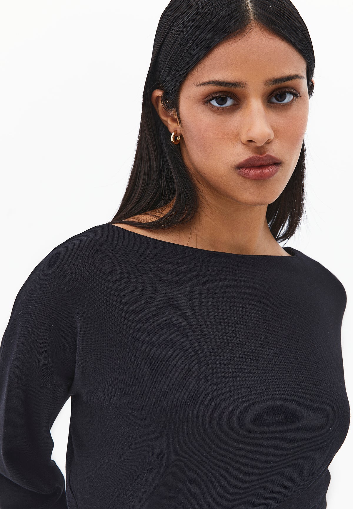 Boat Neck Long Sleeve Sweater - Black