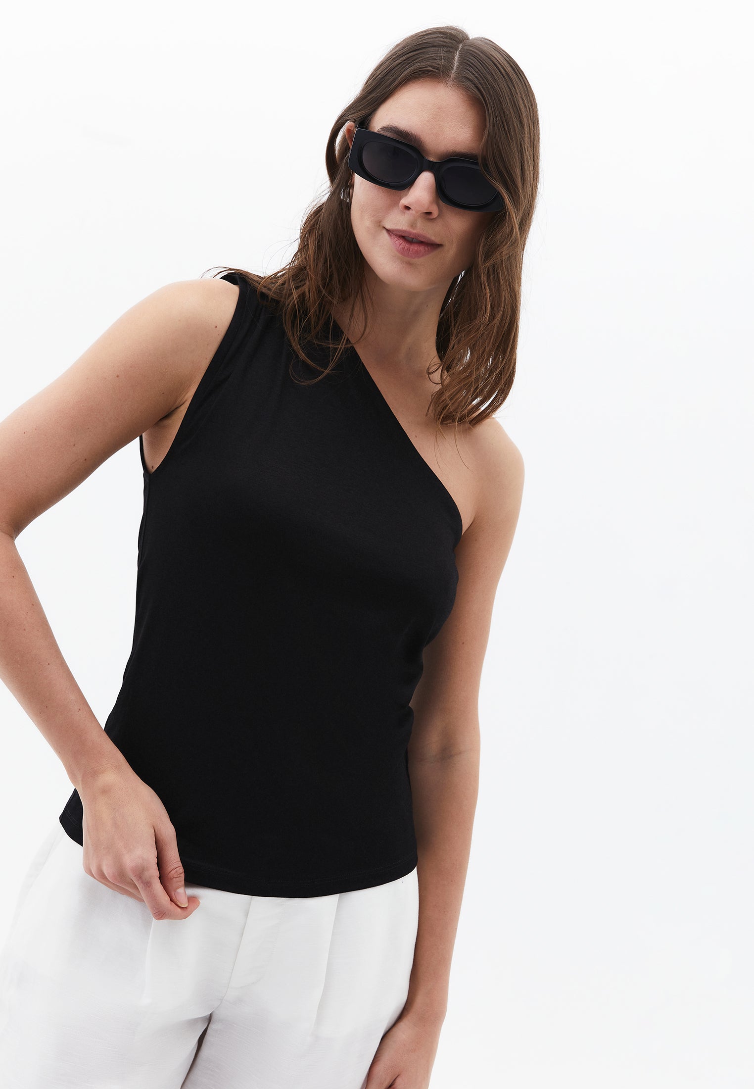 Pleated One Shoulder Blouse - BLACK