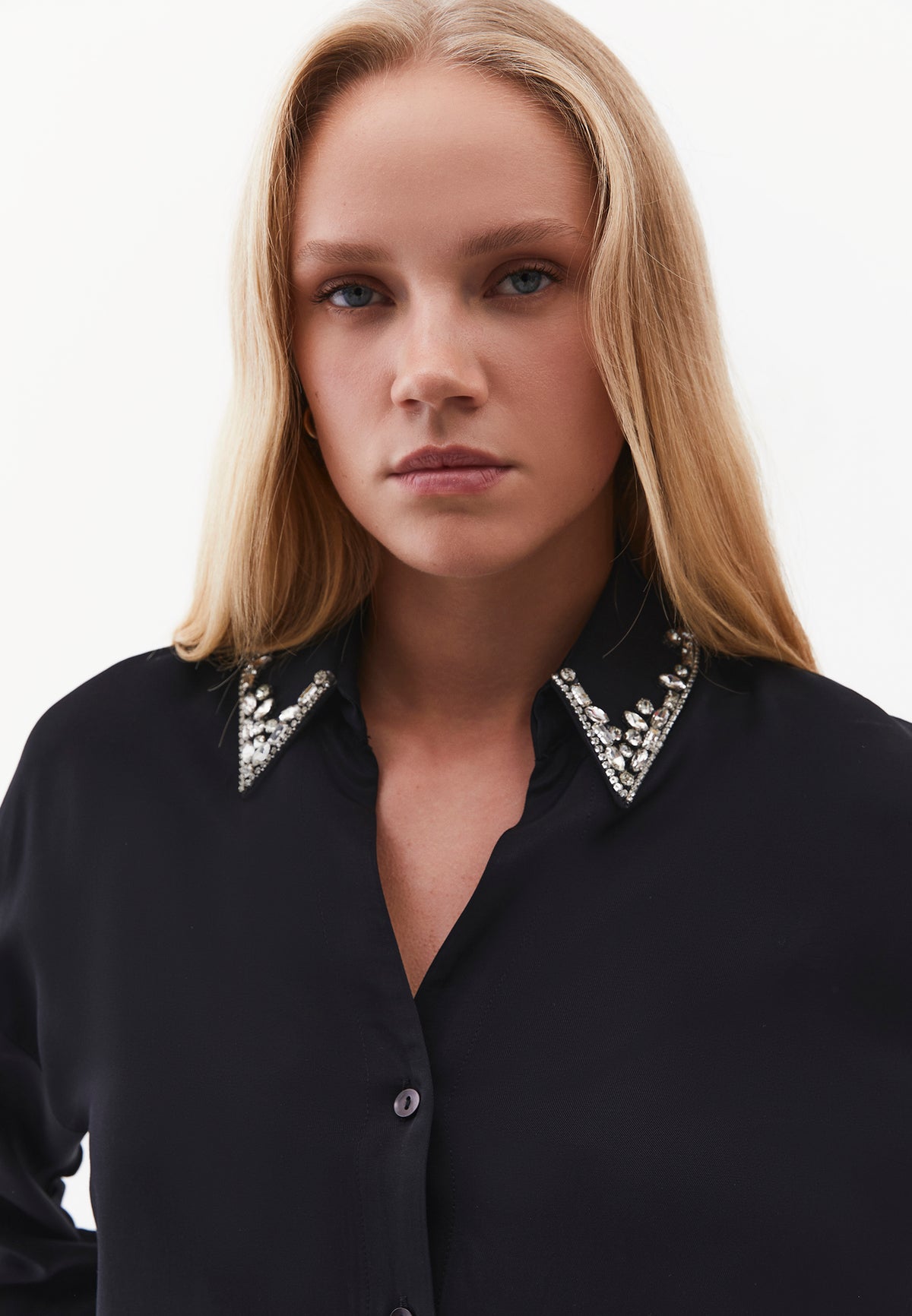 Long Sleeve Shirt with Stone Details and Shirt Collar - Black