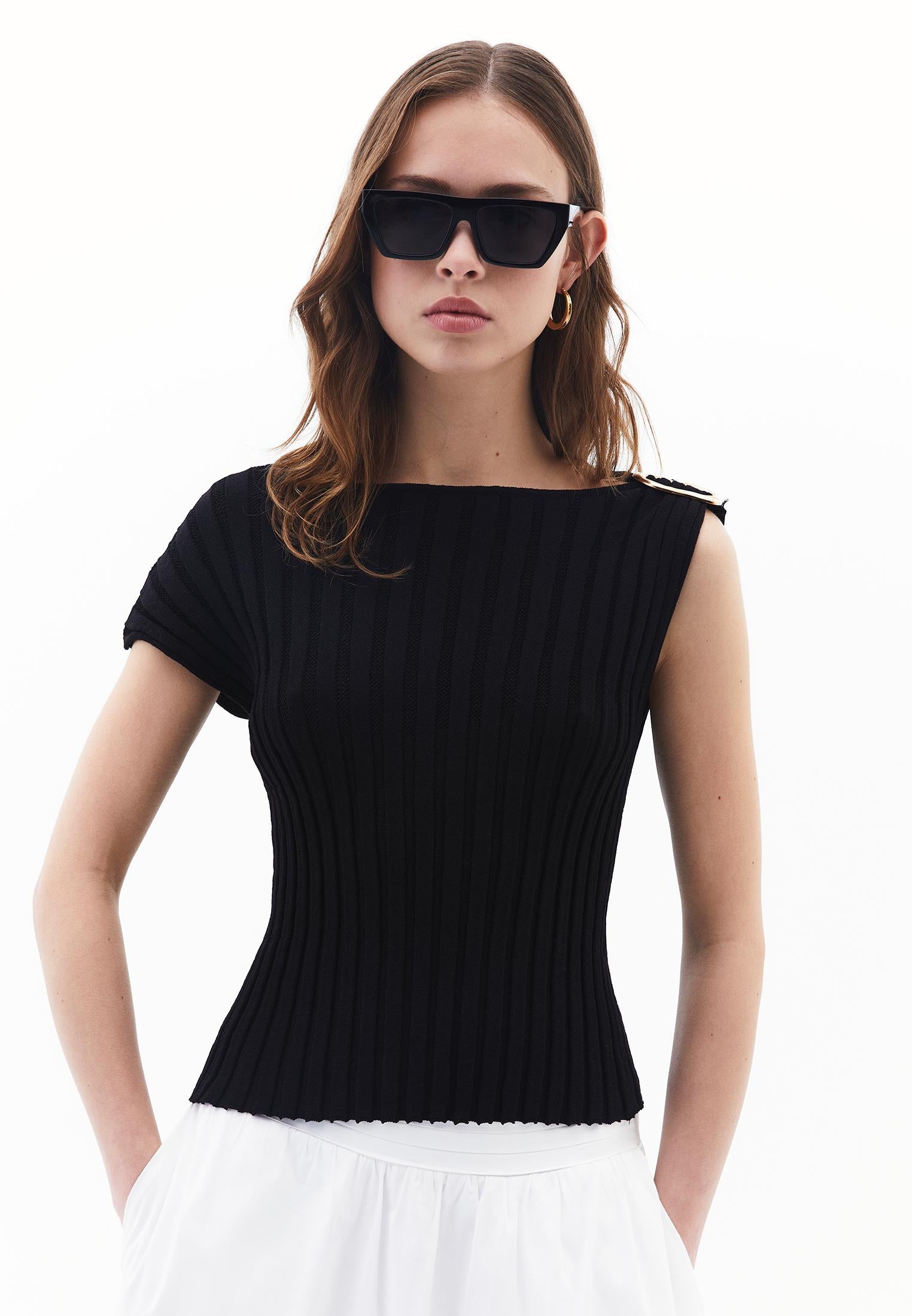 Boat Neck Blouse - BLACK