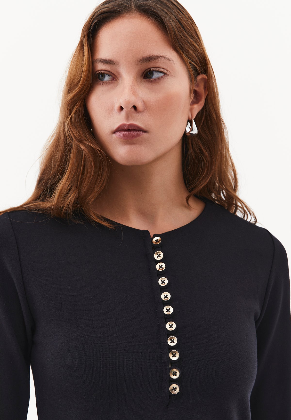 Flared Dress with Stand Collar and Long Sleeves - Black