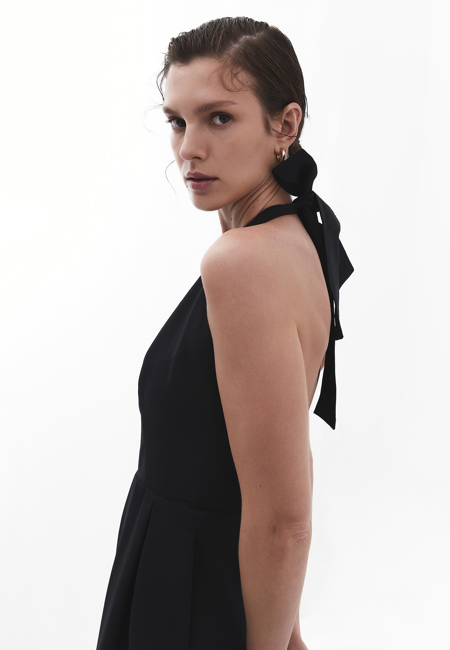 Tie Midi Dress With Crew Neck And A-Line - BLACK