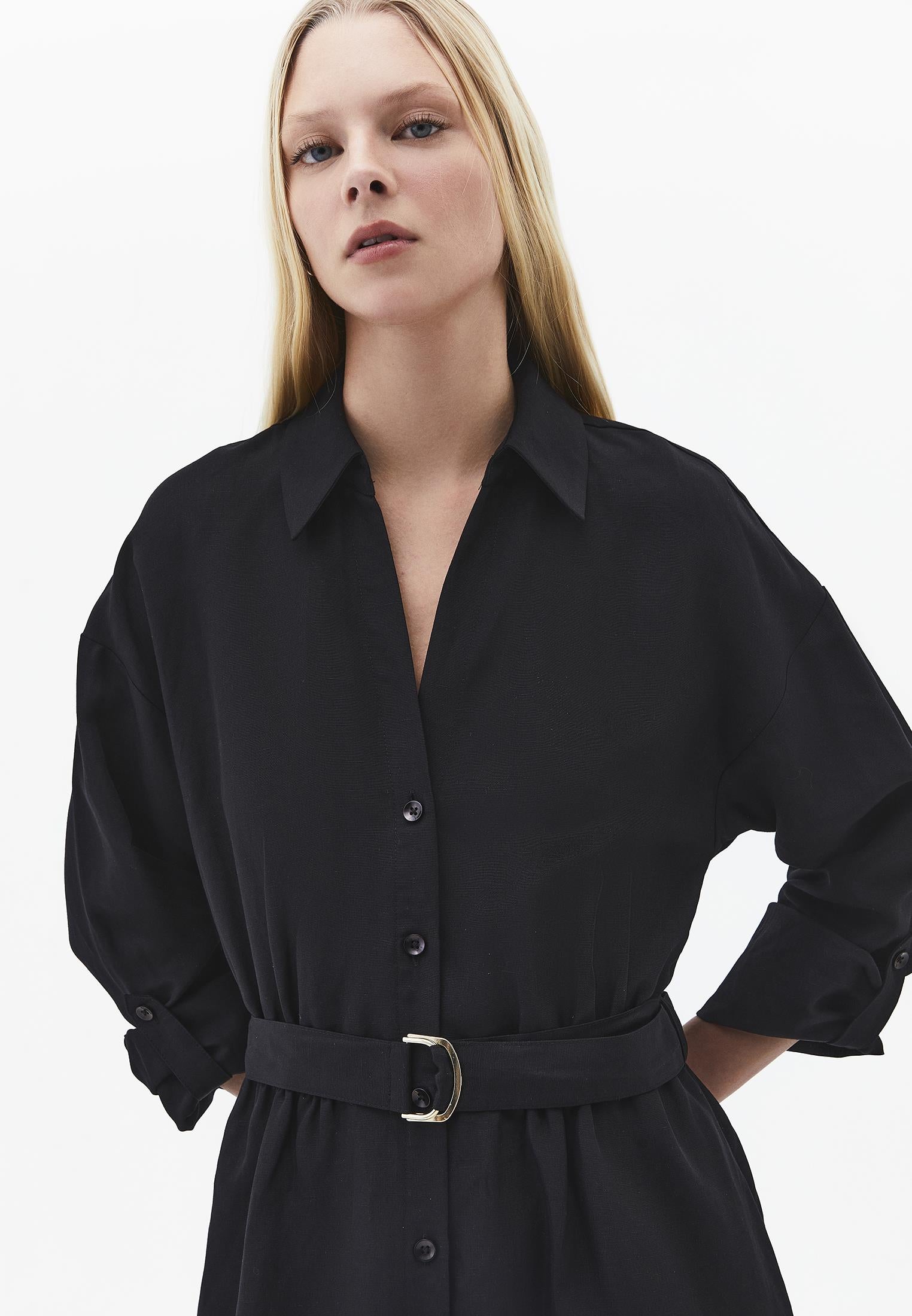 Belt Detailed Long Shirt Collar Dress - BLACK