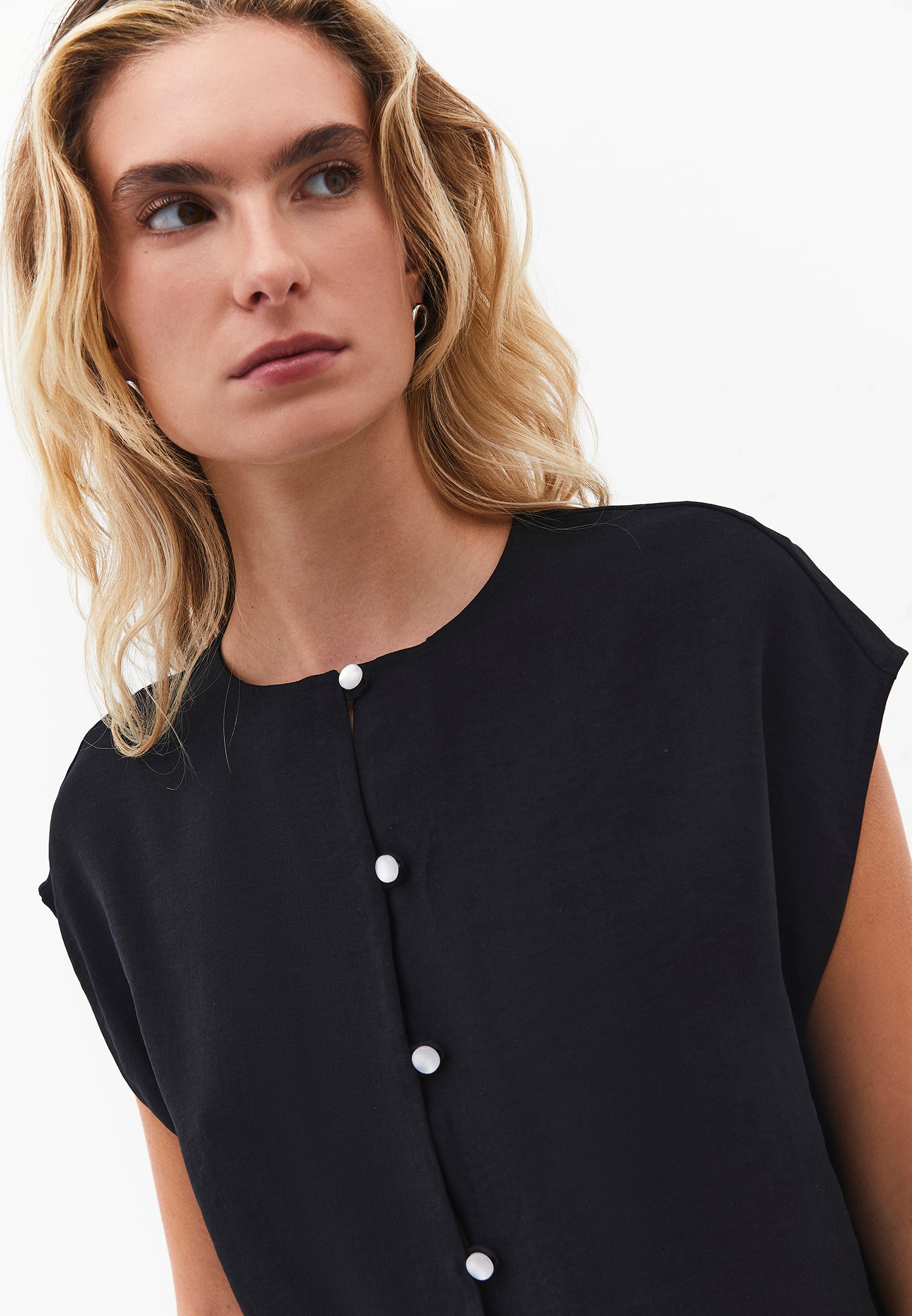 Loose Blouse With Boat Neck And Button Details - BLACK
