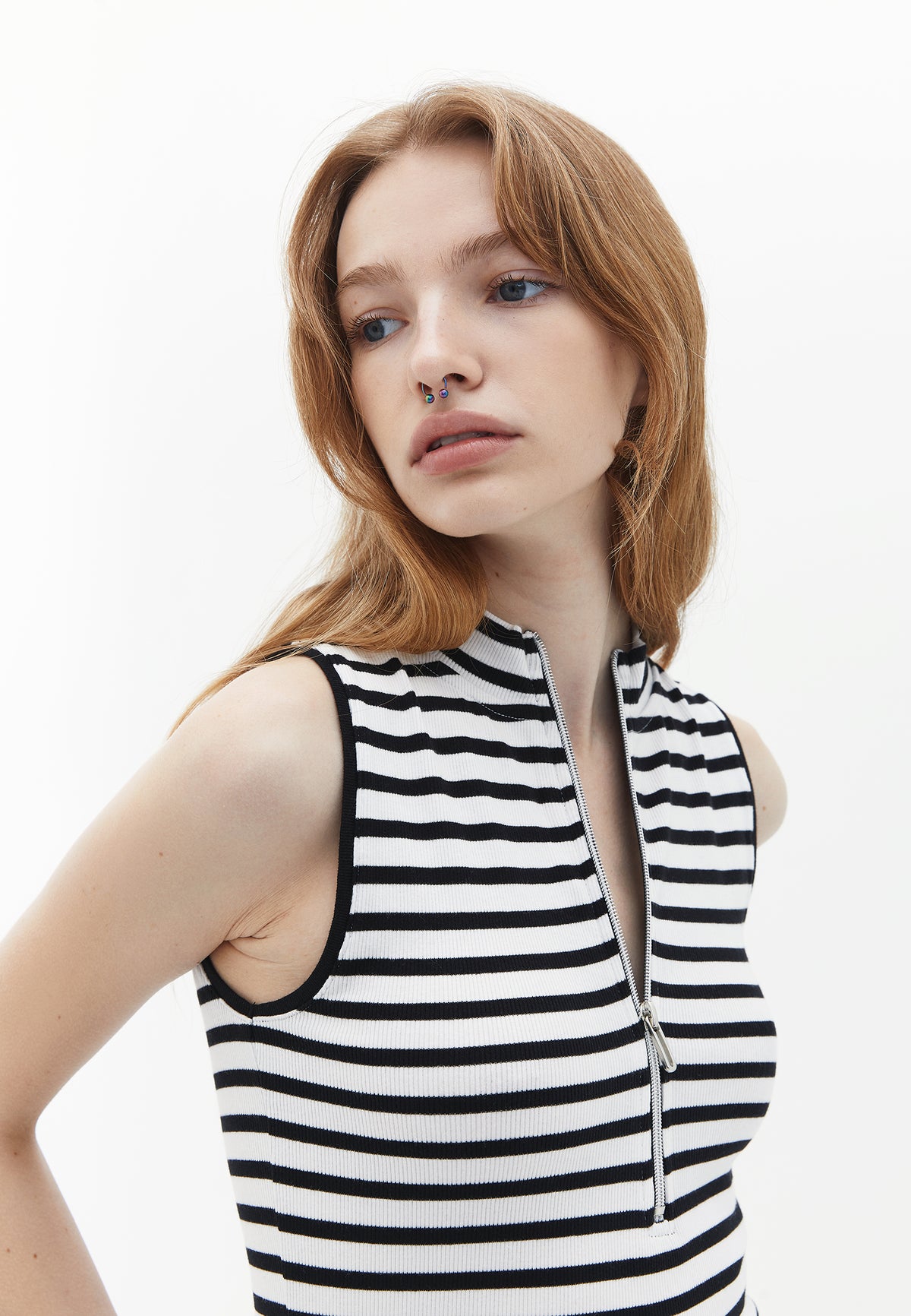 High Neck Bodycon Tank Top - Black/White