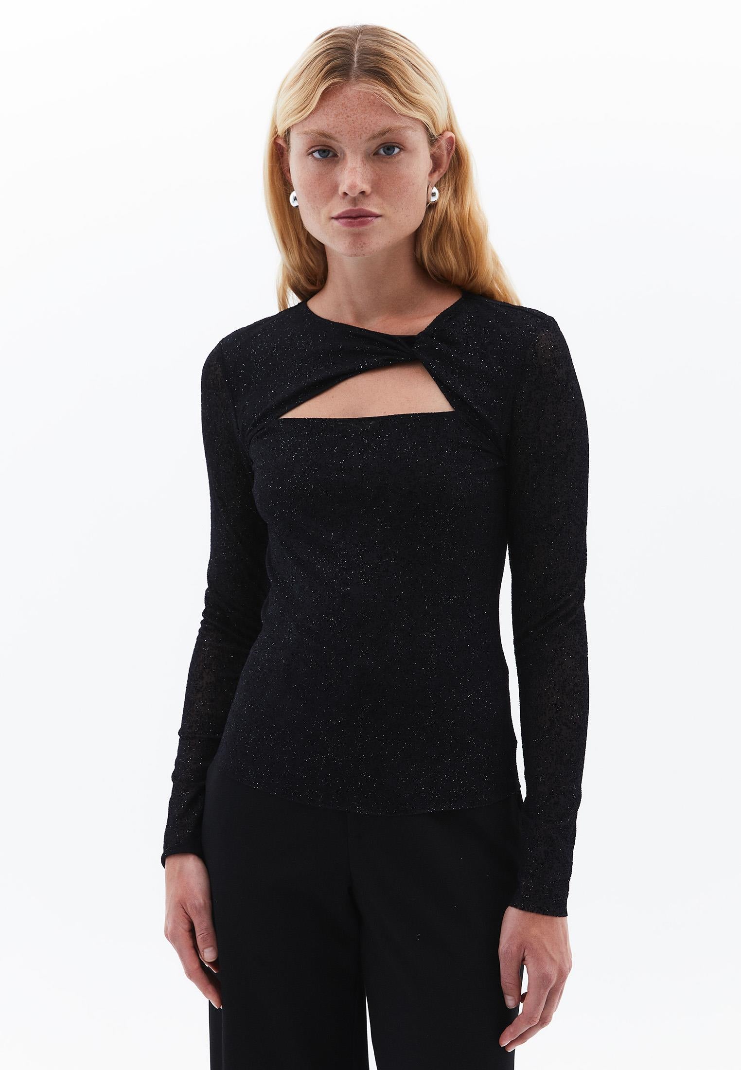 Glitter Crew Neck Long Sleeve T-Shirt - BLACK