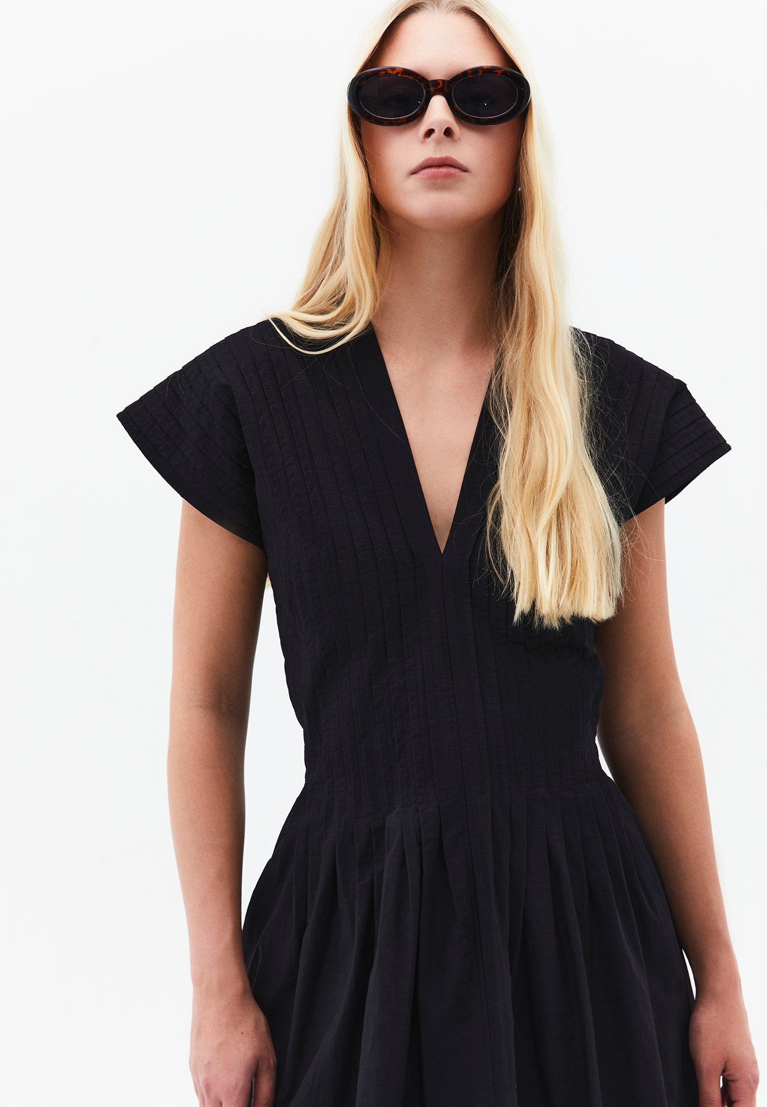 Long Flared V-Neck Dress - BLACK