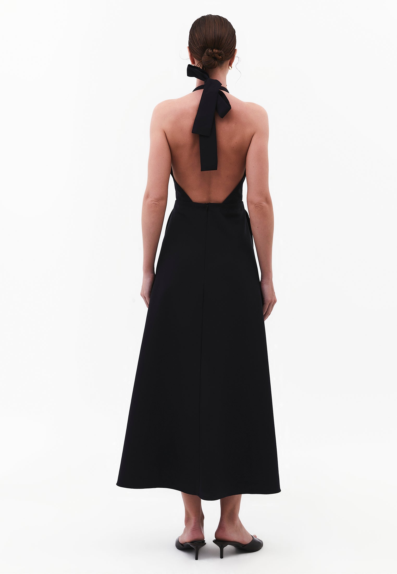 Tie Midi Dress With Crew Neck And A-Line - BLACK