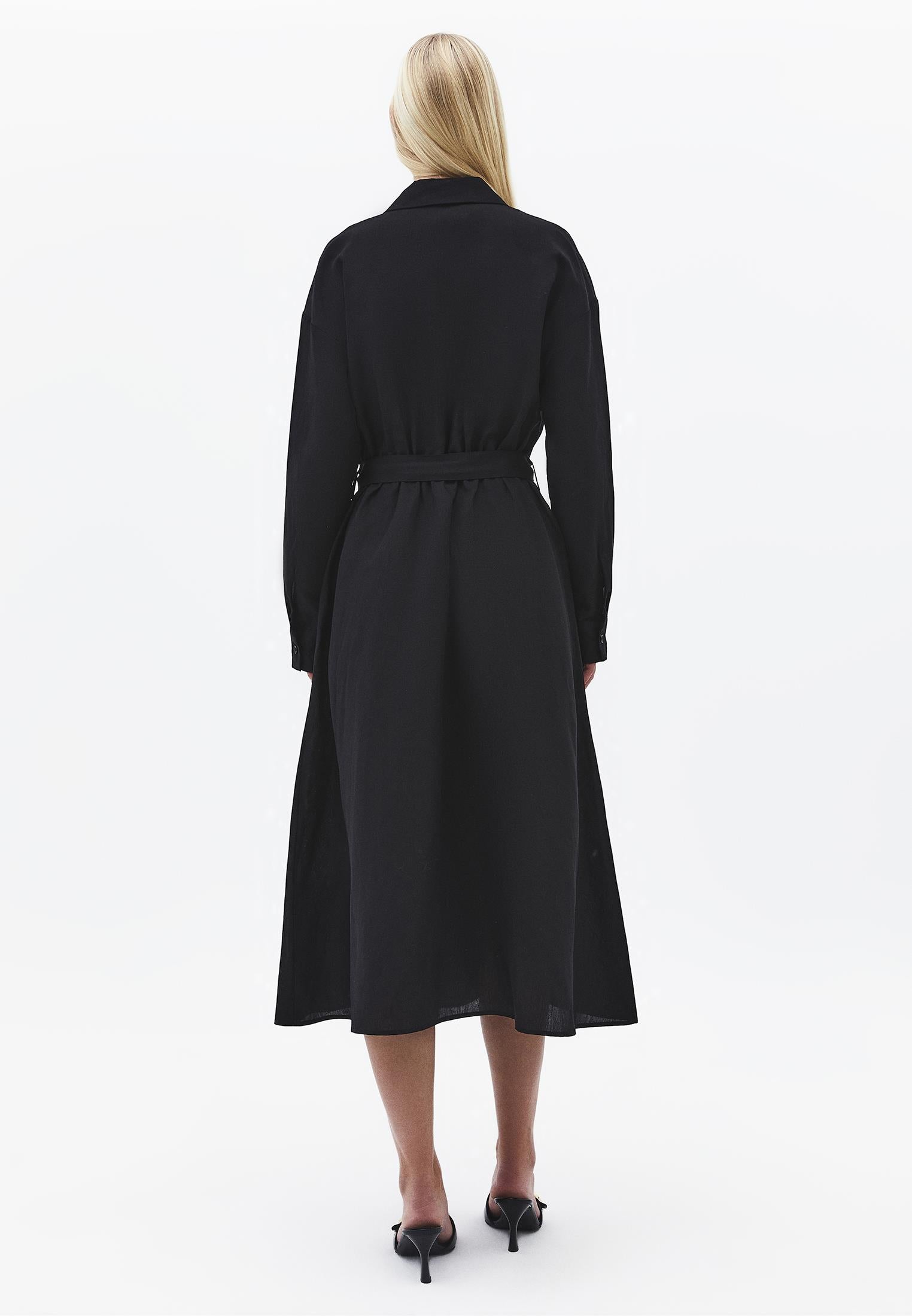Belt Detailed Long Shirt Collar Dress - BLACK