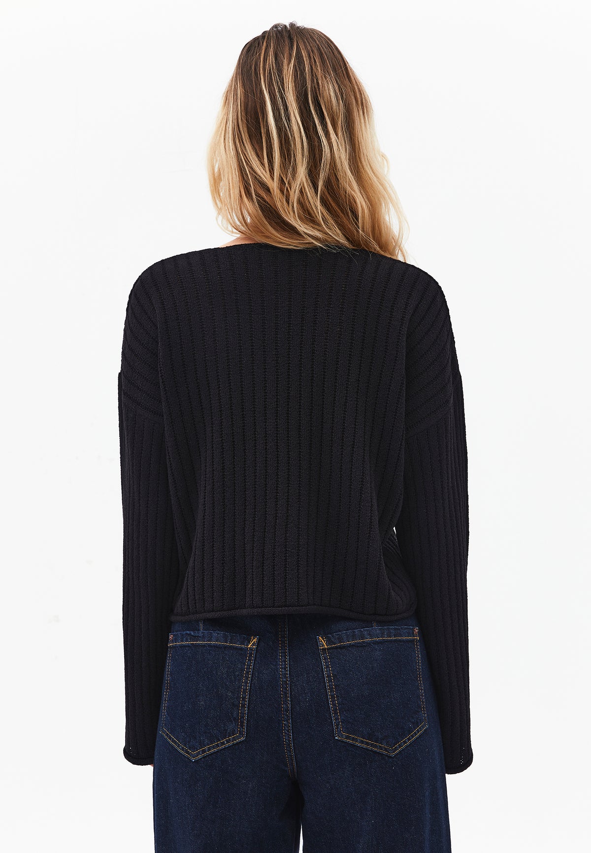 Ribbed V-Neck Long Sleeve Sweater - Black