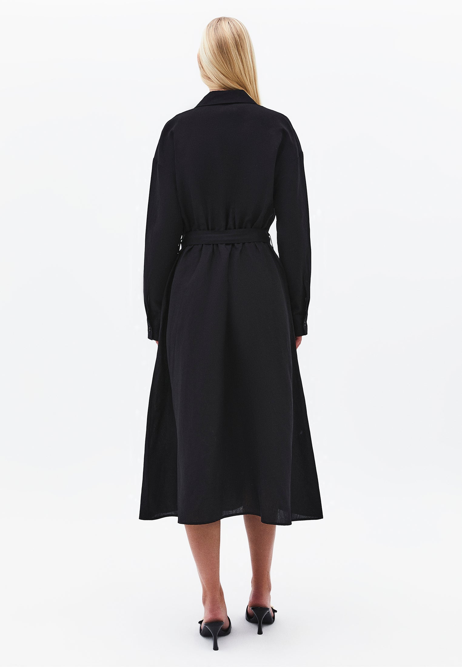 Long shirt collar dress with belt detail - BLACK