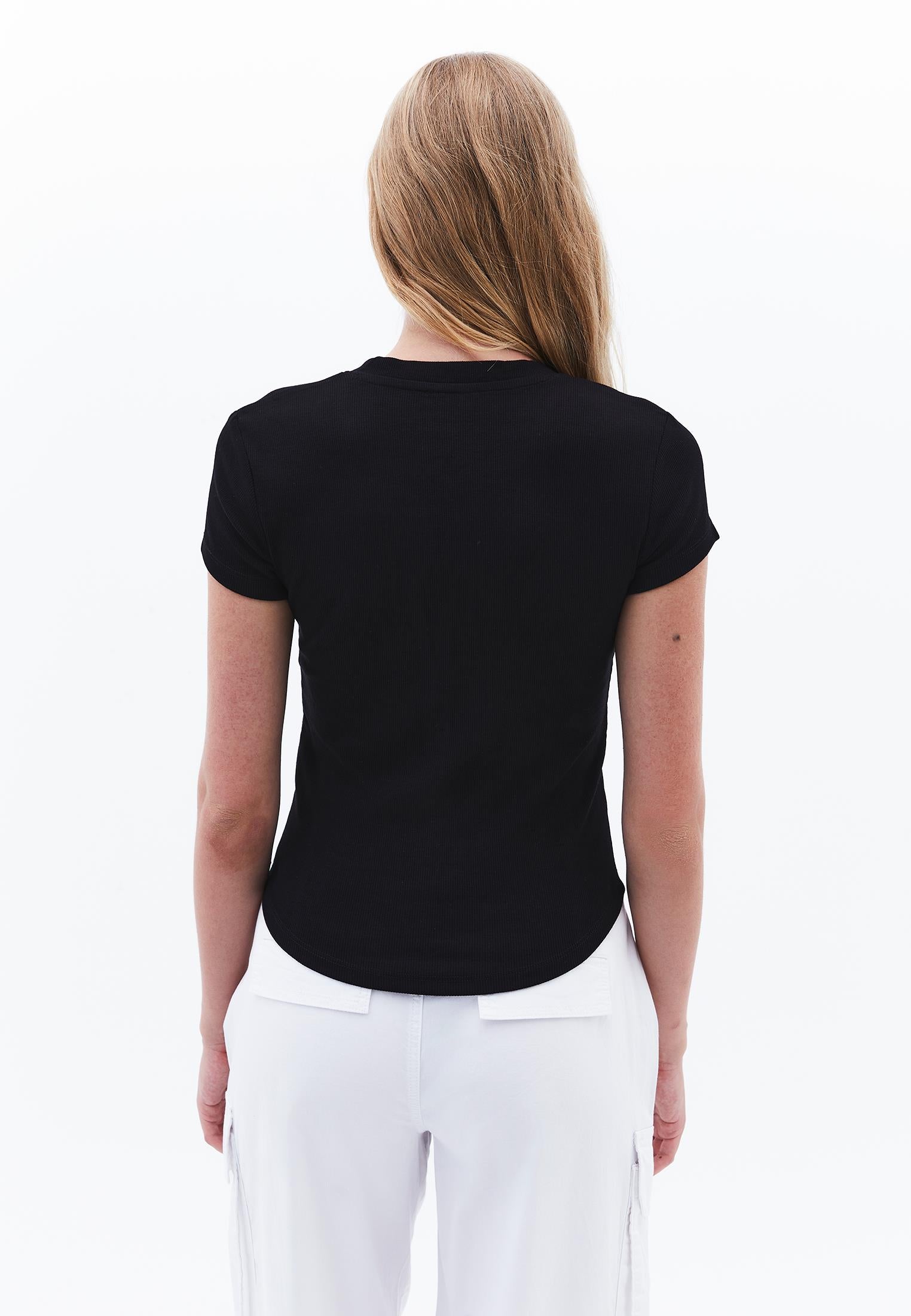 Short Sleeve T-Shirt With Button Detail - BLACK
