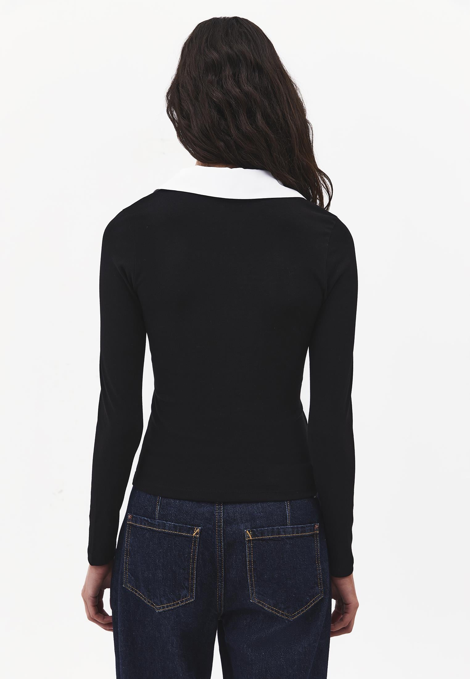Polo Neck Long Sleeve Bodycon T-Shirt - BLACK