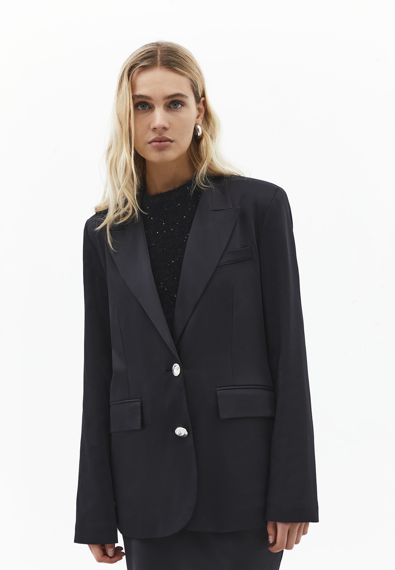 Button Detailed Oversize Blazer Jacket - BLACK