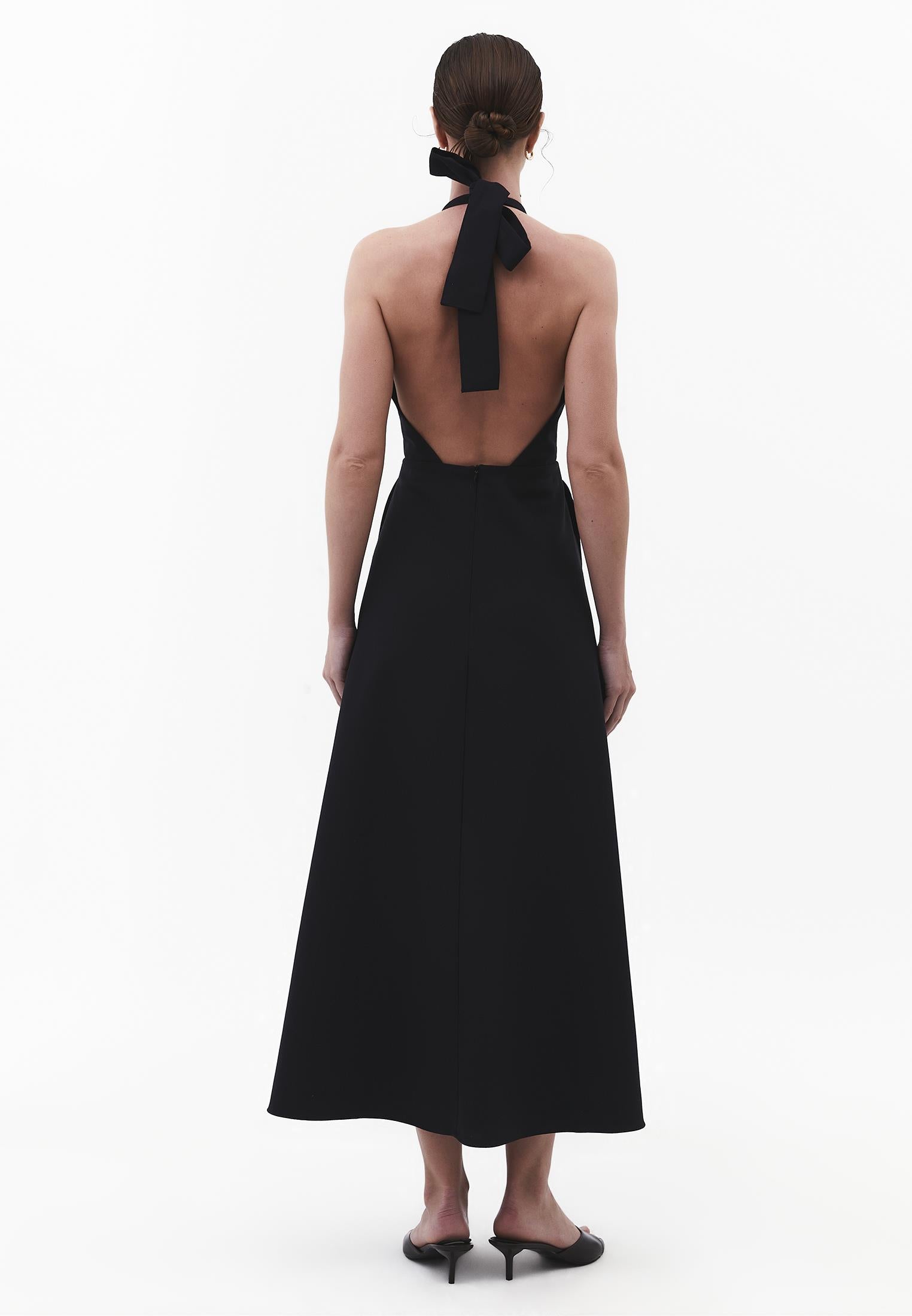 Tie Midi Dress With Crew Neck And A-Line - BLACK