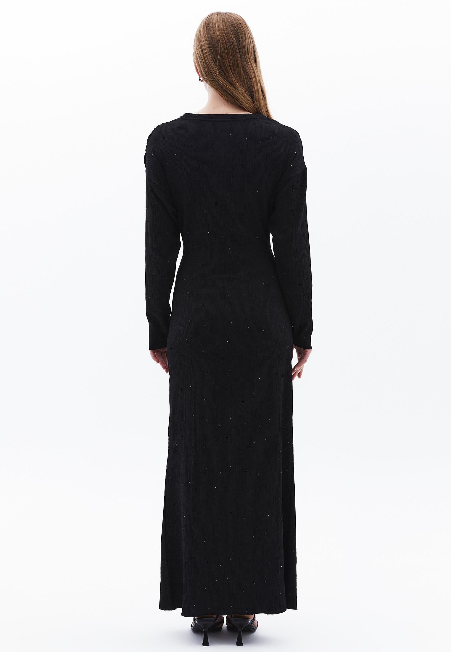 Long Dress With Ruched Crew Neck - BLACK