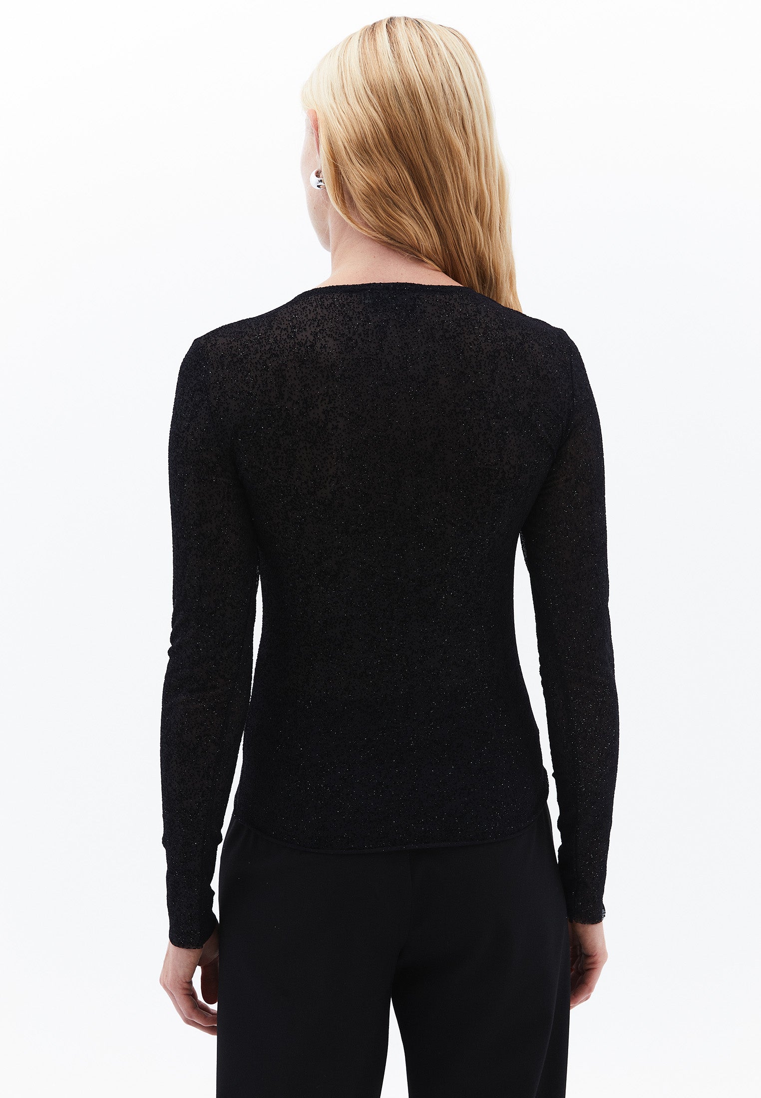 Glitter Crew Neck Long Sleeve T-Shirt - BLACK