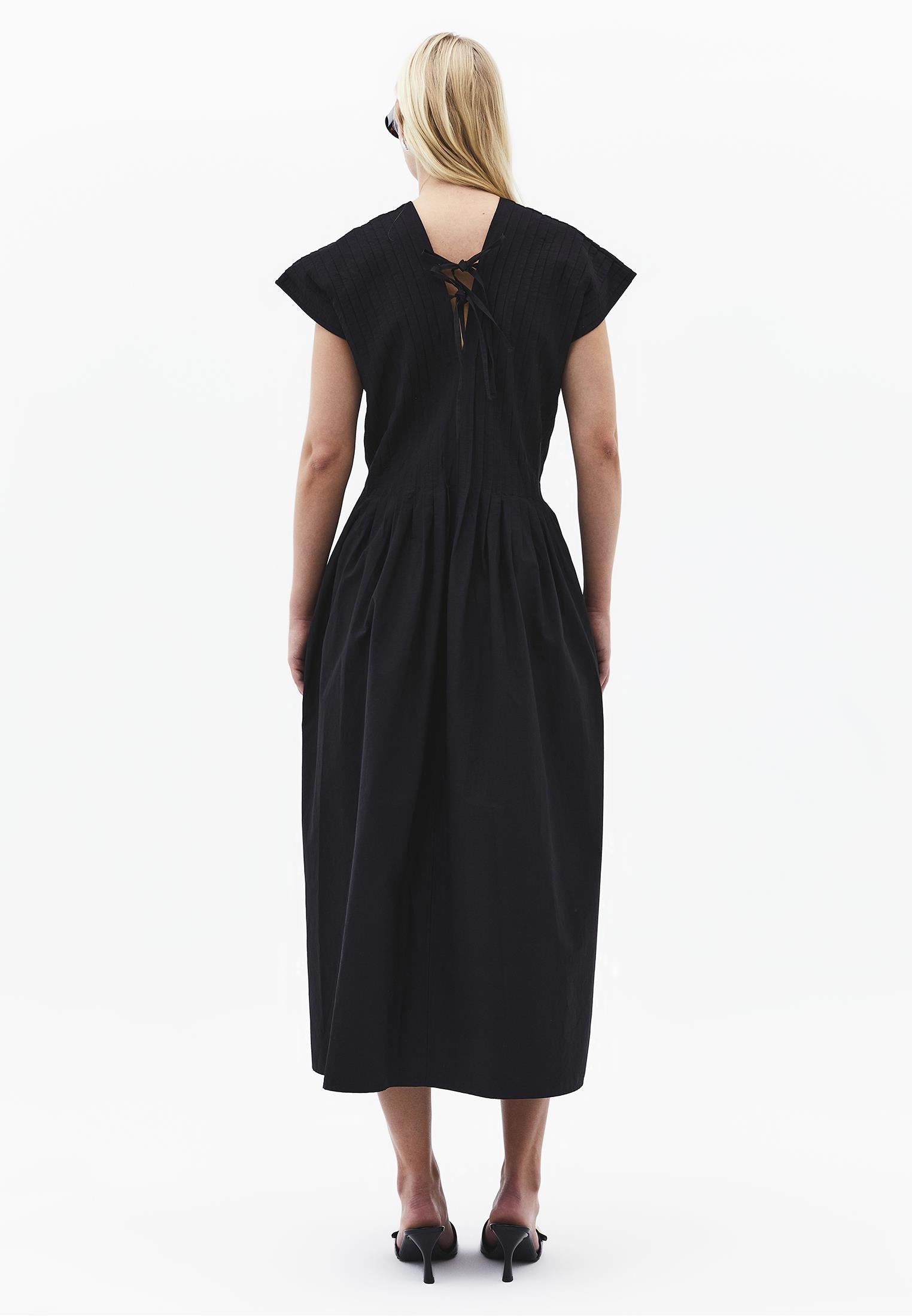 Long Flared V-Neck Dress - BLACK