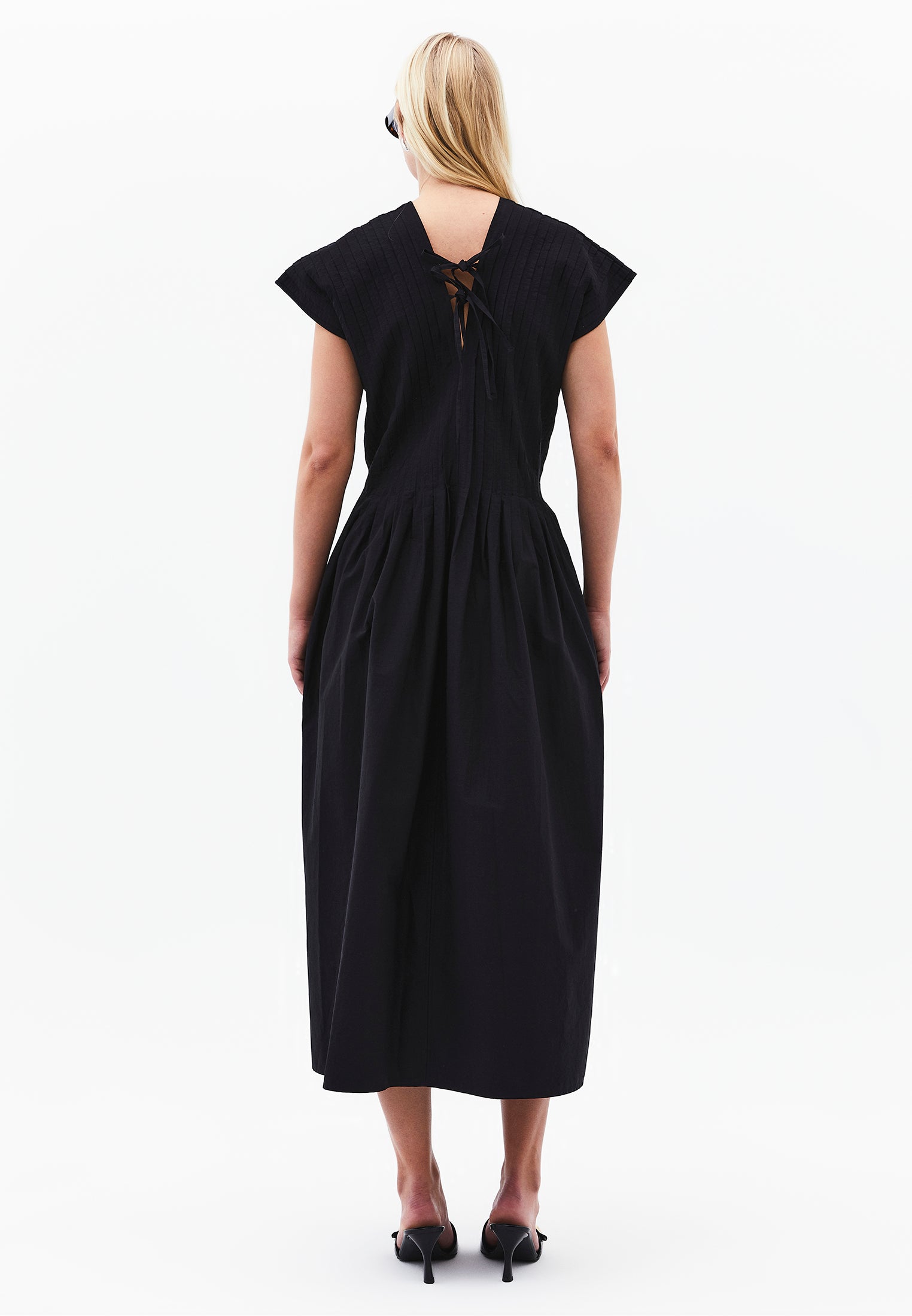 Long Flared V-Neck Dress - BLACK