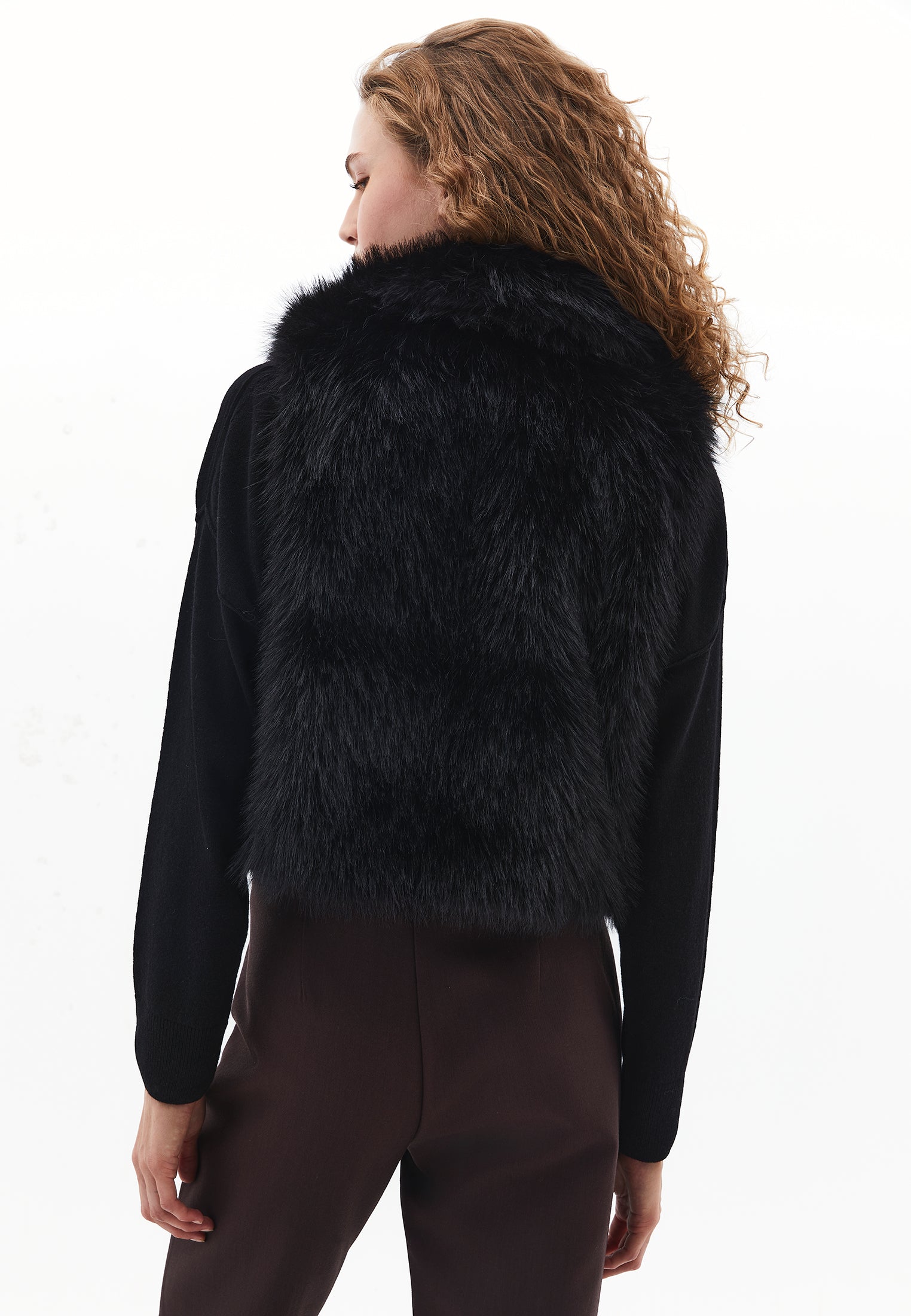 V neck faux fur vest - BLACK