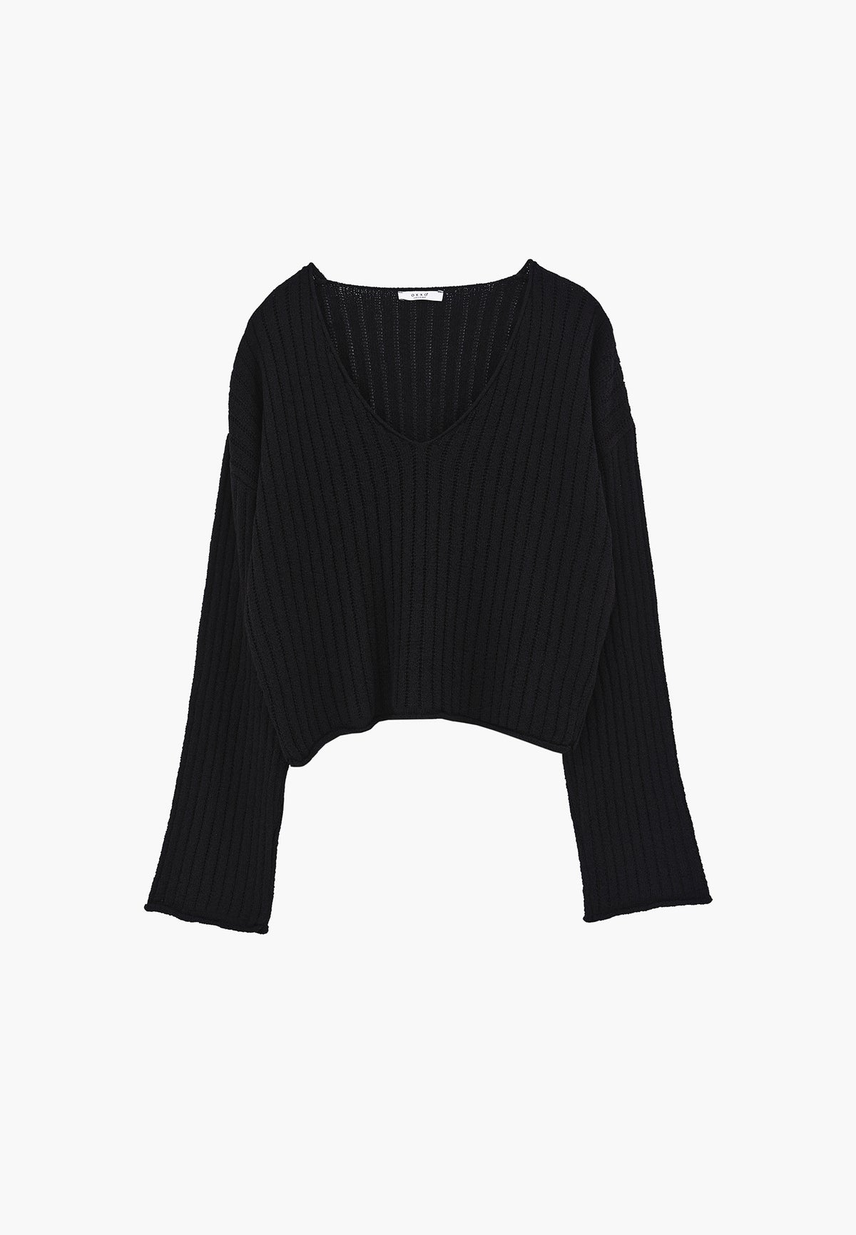 Ribbed V-Neck Long Sleeve Sweater - Black
