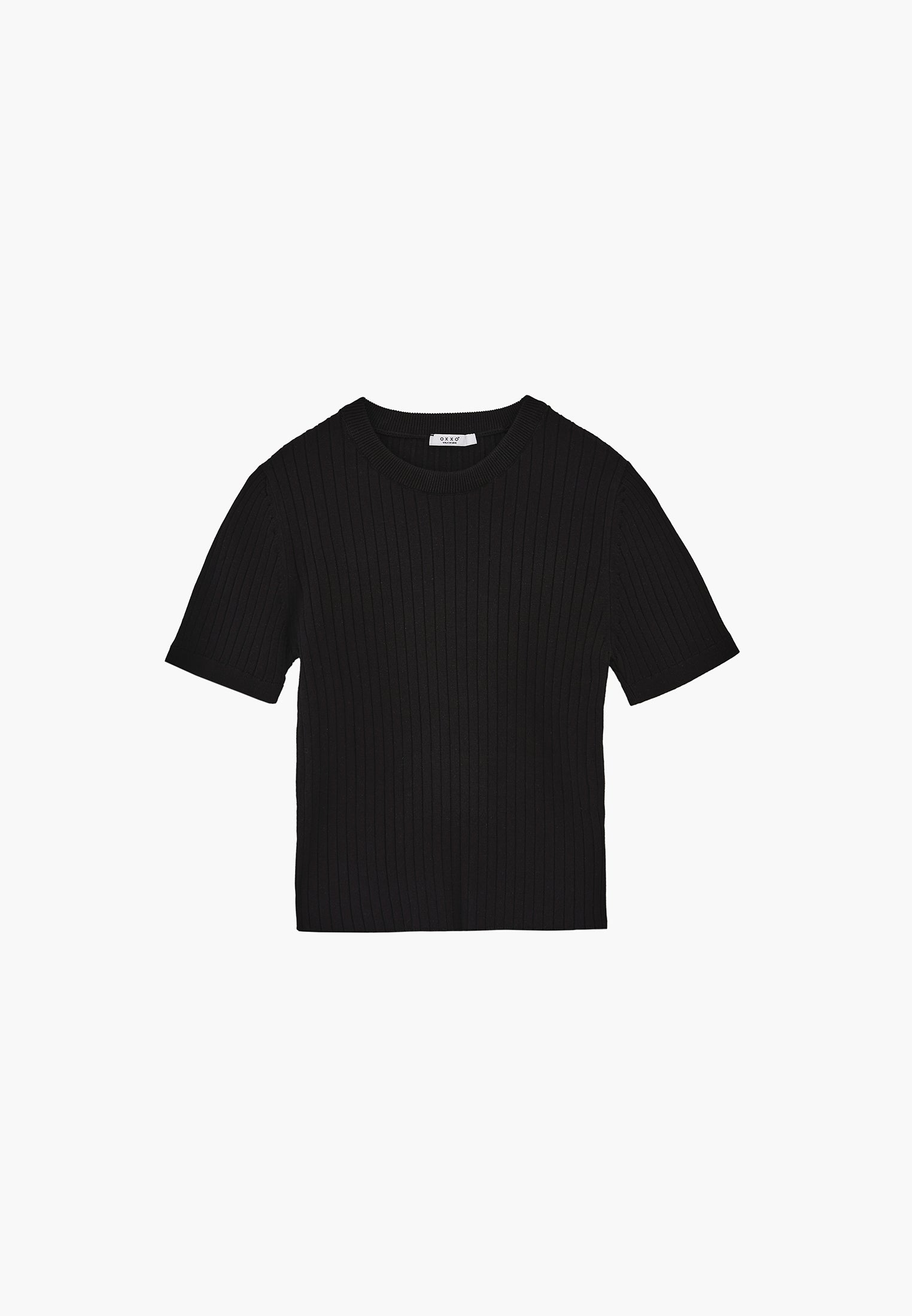Ribbed Crew Neck Short Sleeve Sweater - BLACK