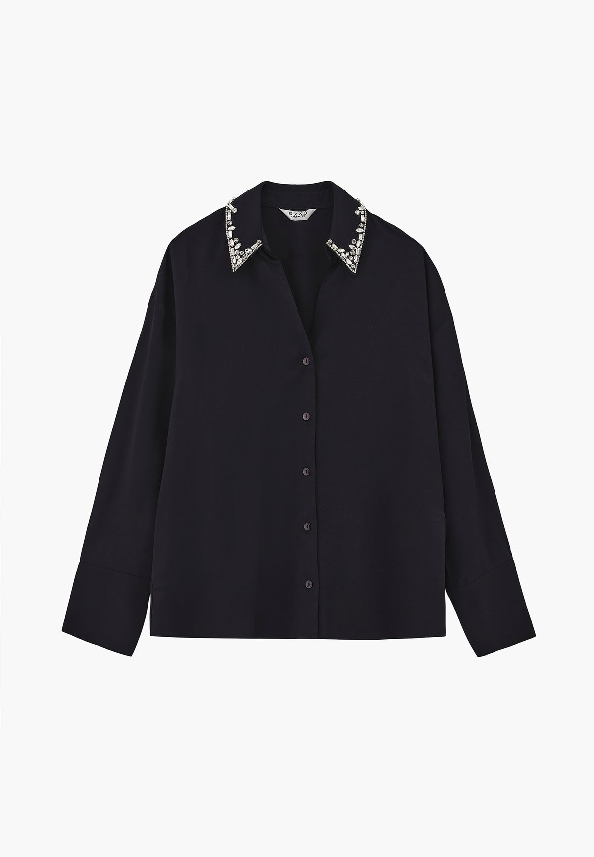 Long Sleeve Shirt with Stone Details and Shirt Collar - Black