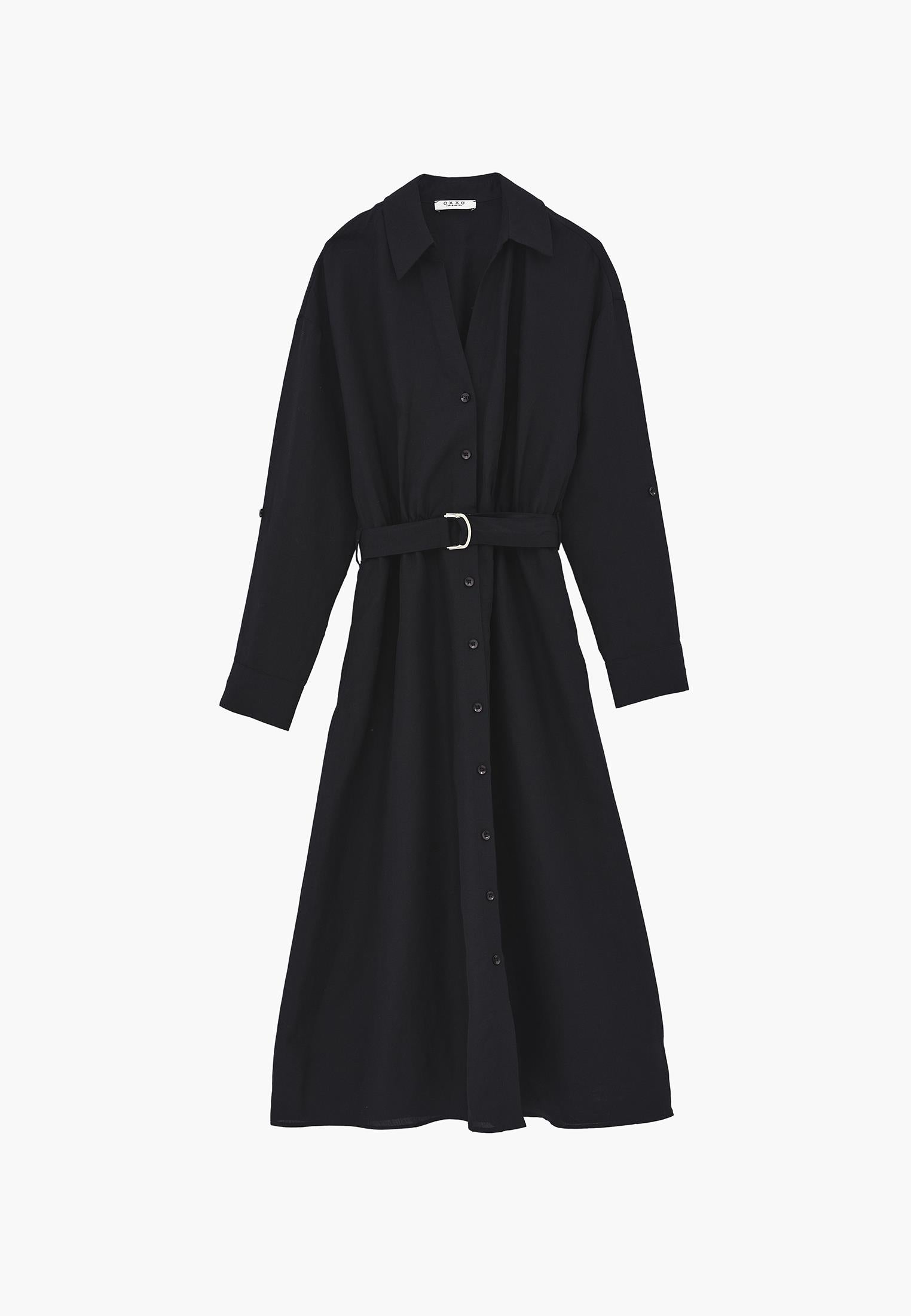 Belt Detailed Long Shirt Collar Dress - BLACK