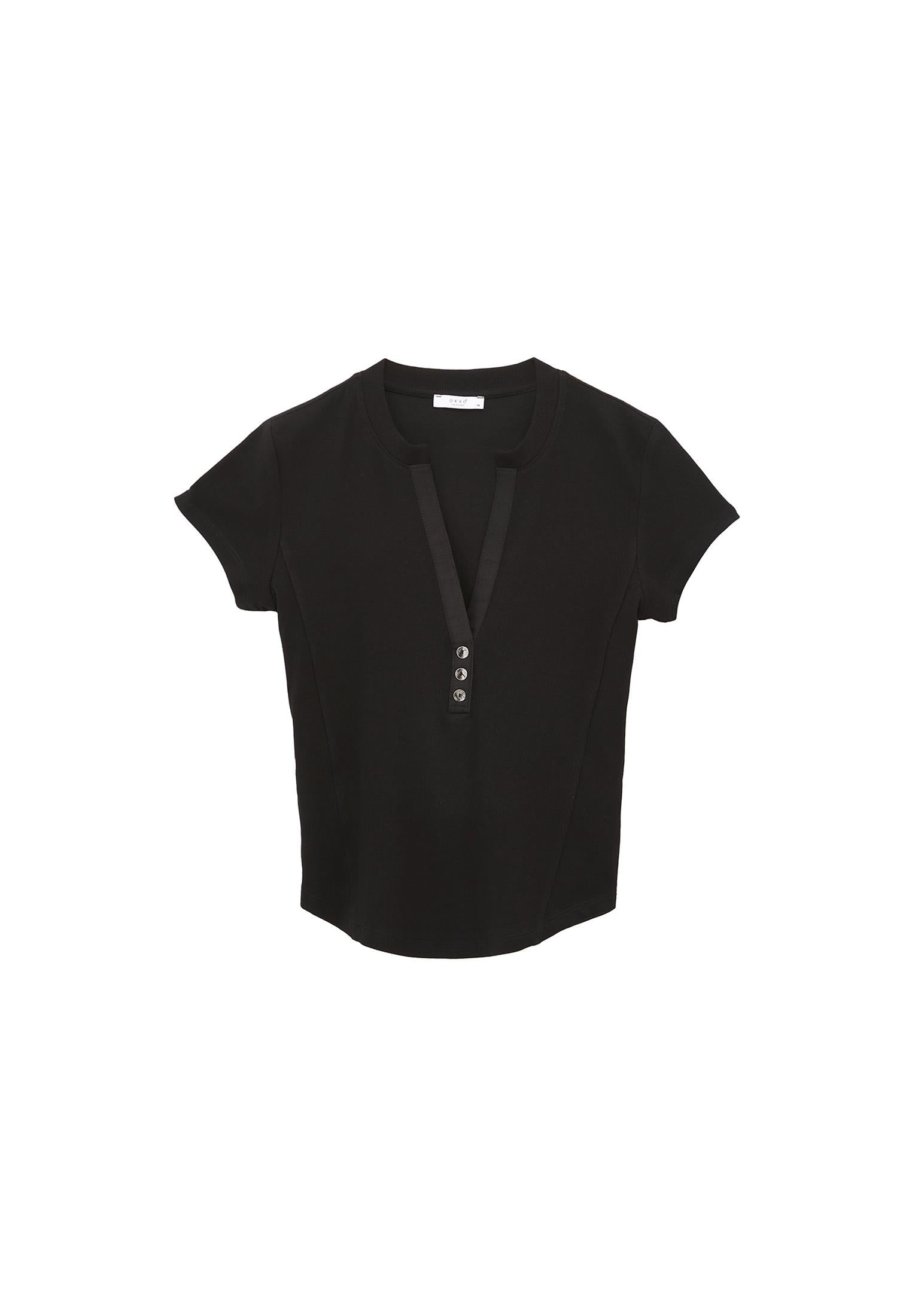 Short Sleeve T-Shirt With Button Detail - BLACK