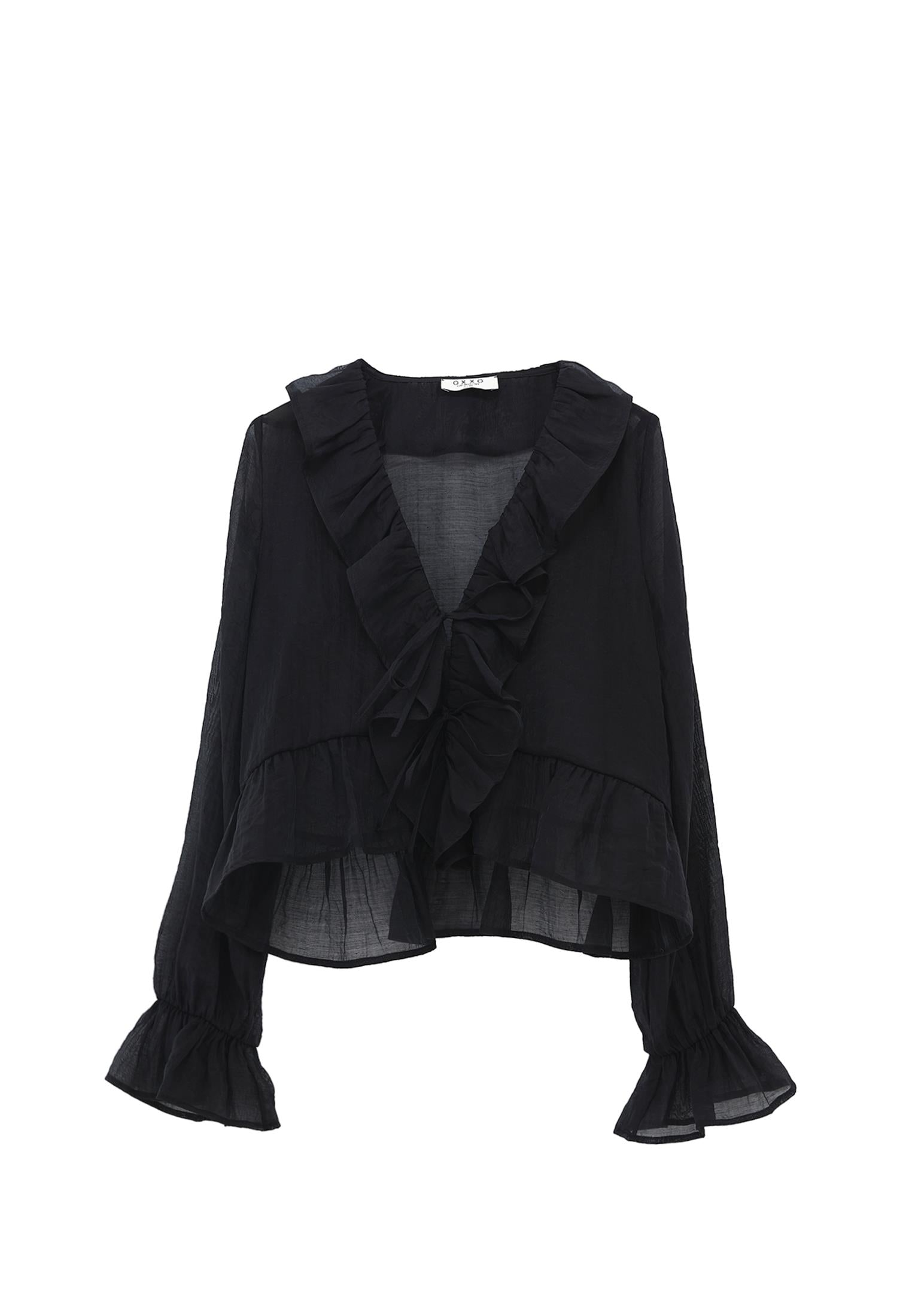 Long Sleeved Ruffled Blouse - BLACK