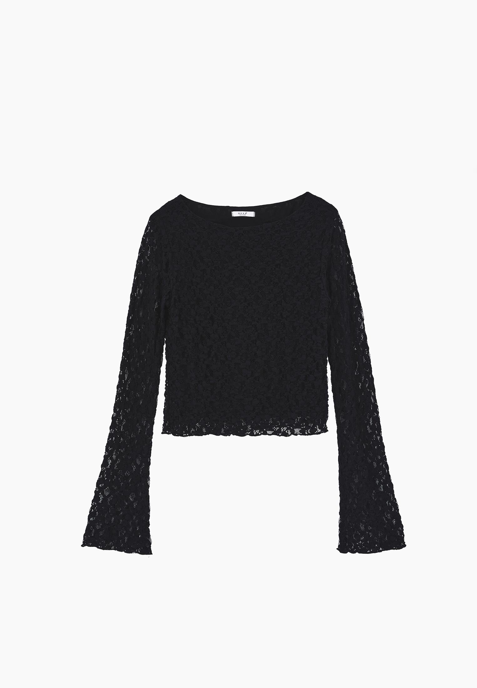 Boat Neck Long Sleeve T-Shirt - BLACK