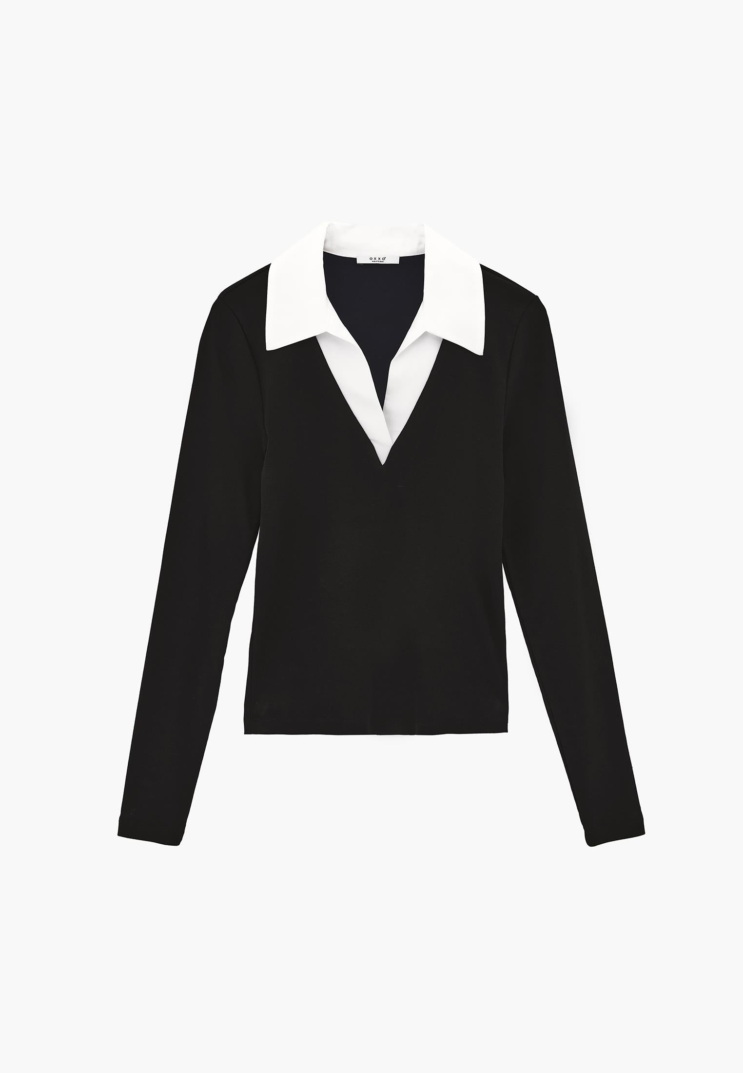 Polo Neck Long Sleeve Bodycon T-Shirt - BLACK