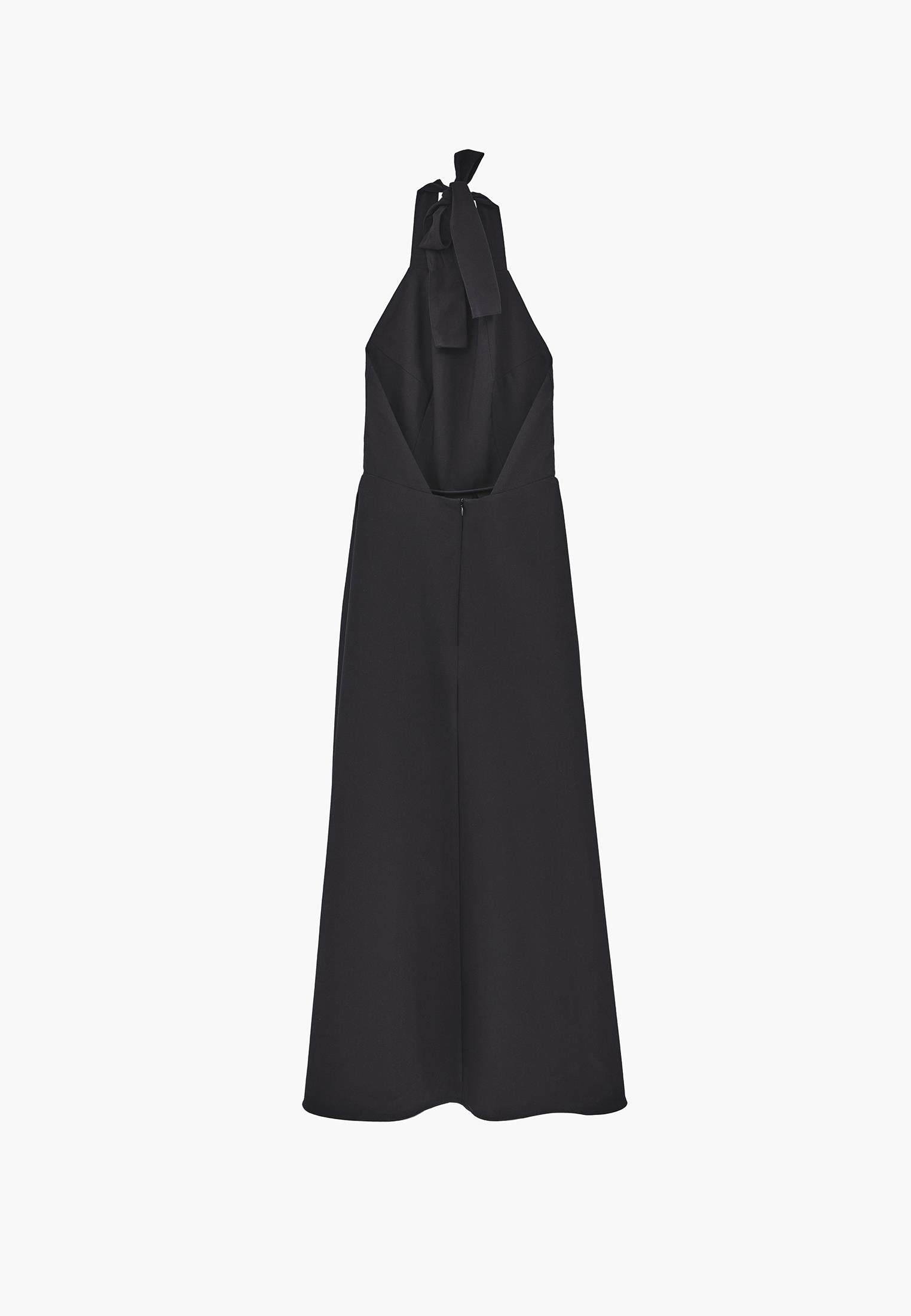 Tie Midi Dress With Crew Neck And A-Line - BLACK