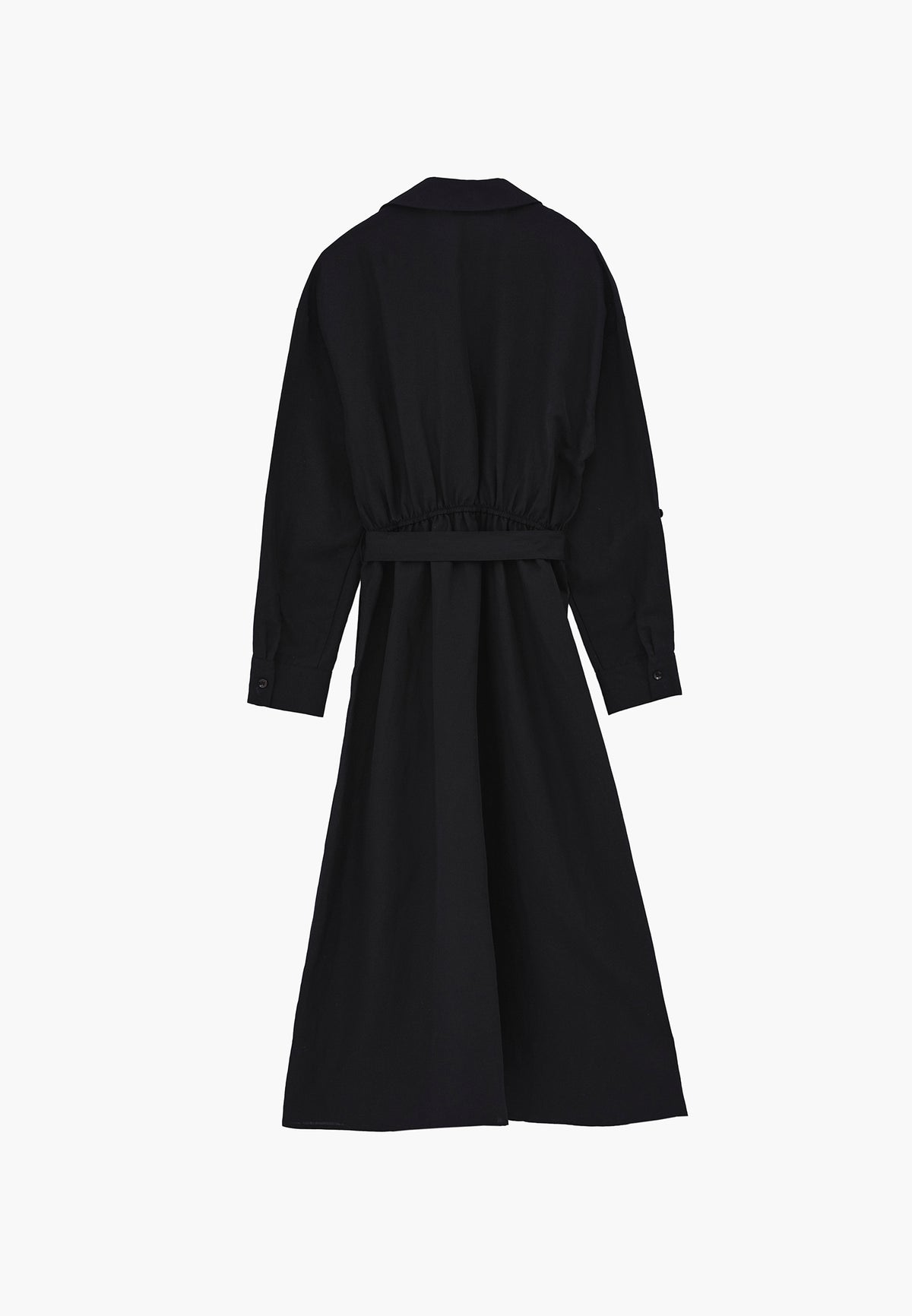 Belt Detailed Long Shirt Collar Dress - Black