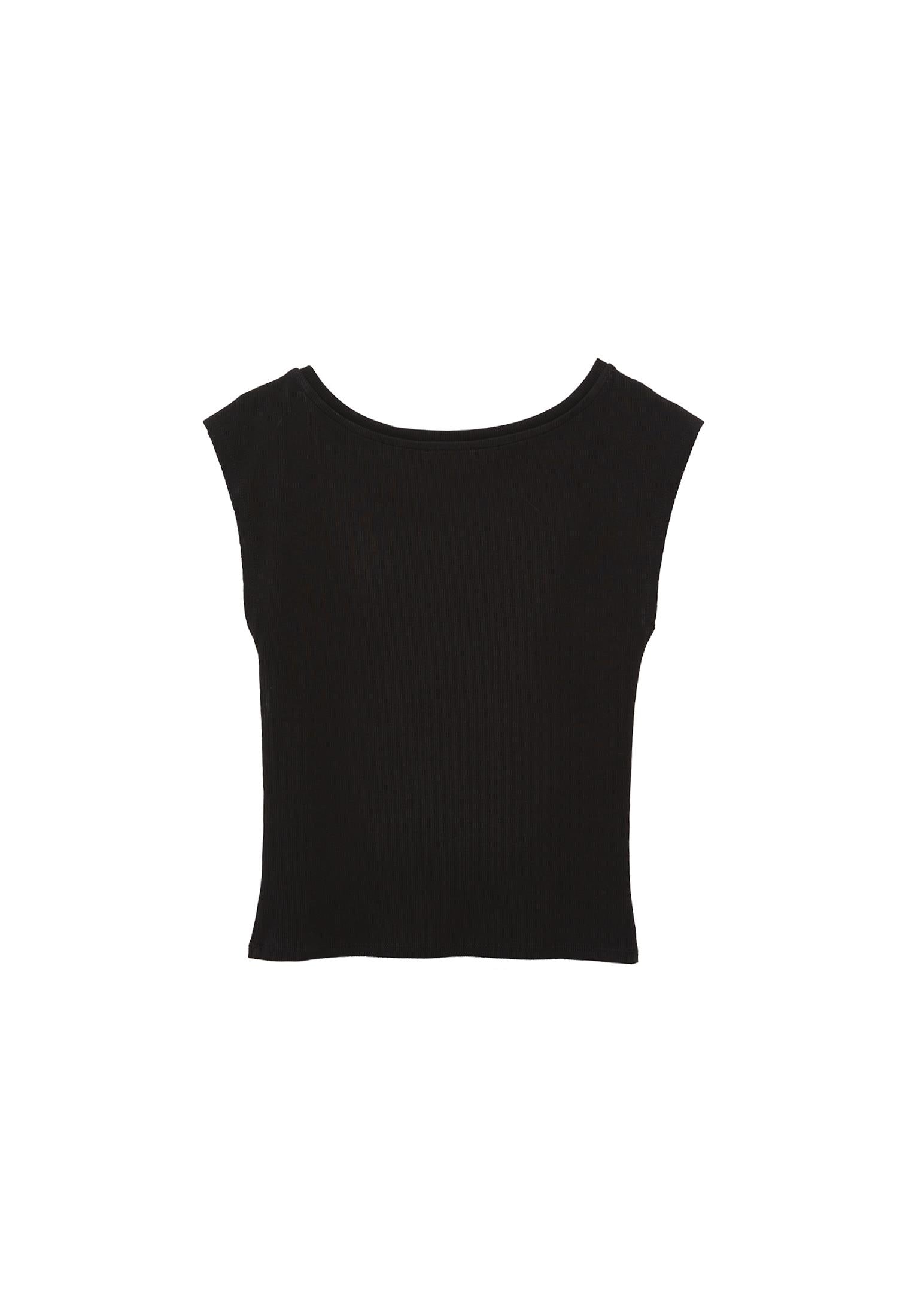 Boat Neck Short Sleeve T-Shirt - BLACK