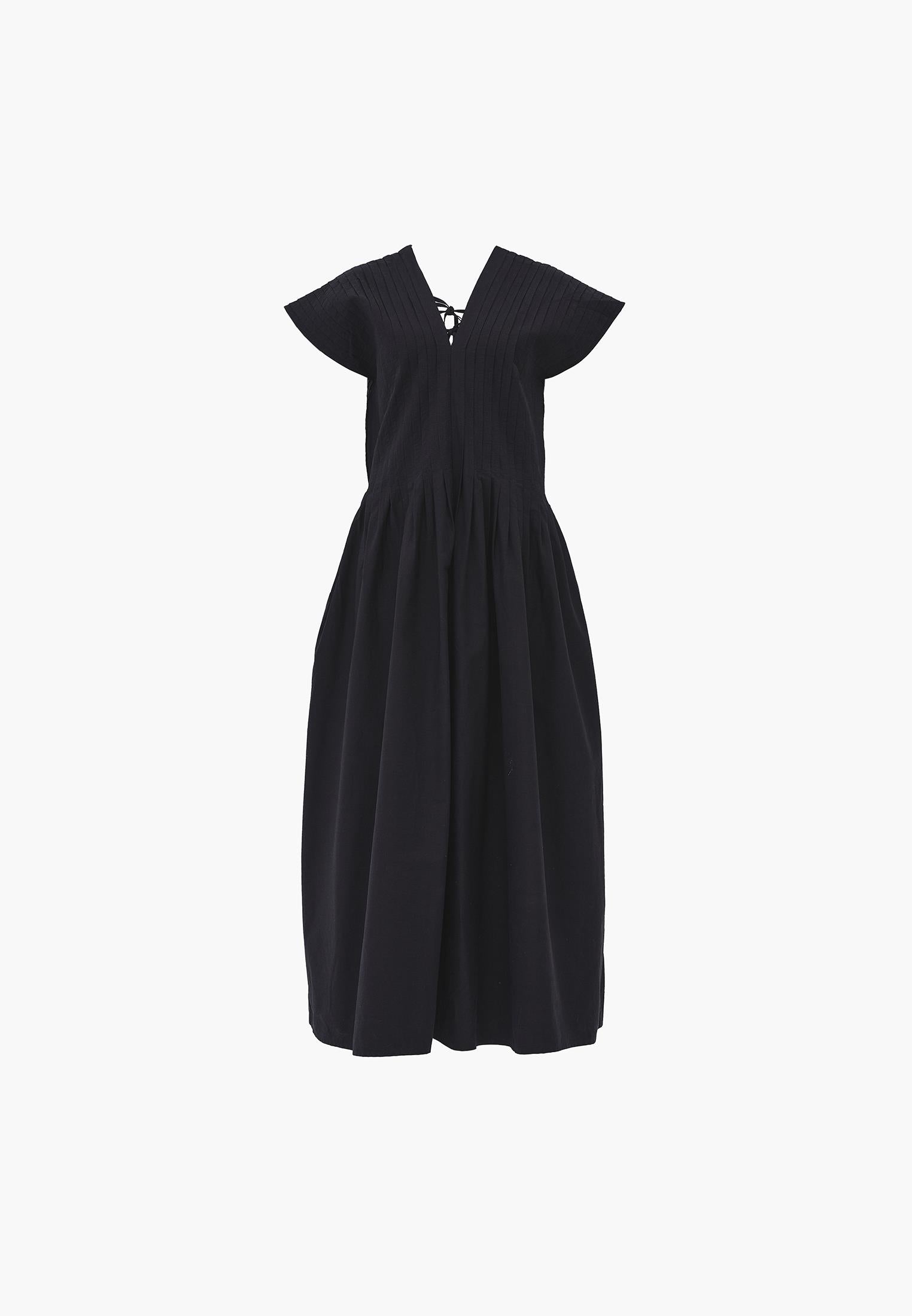 Long Flared V-Neck Dress - BLACK