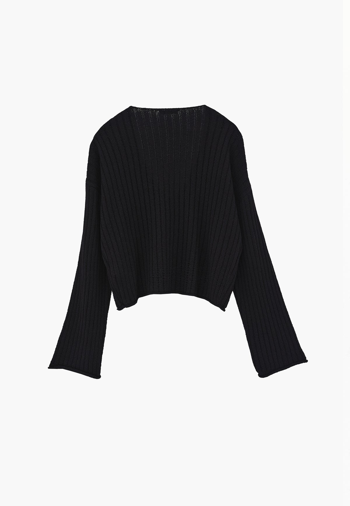 Ribbed V-Neck Long Sleeve Sweater - Black