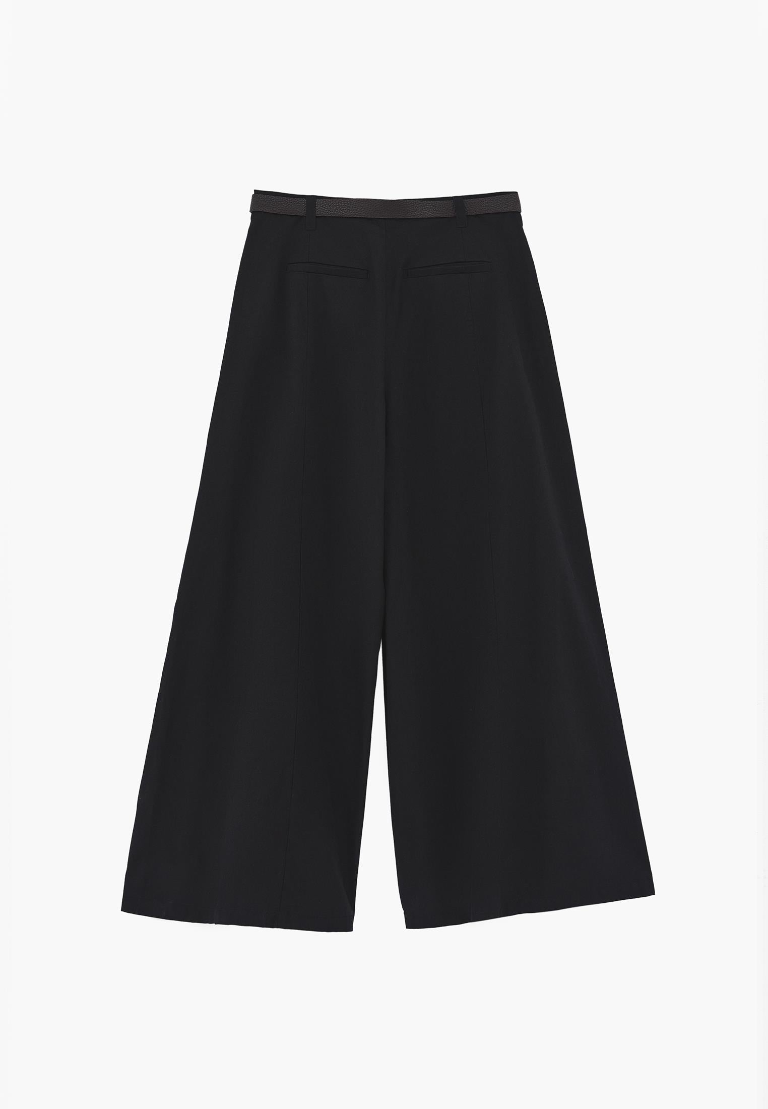 Belted Detail Ultra High Waist Wide Leg Trousers - BLACK