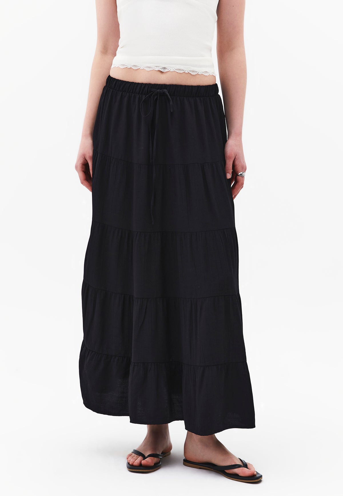 High Waist Ruched Midi Skirt - Black