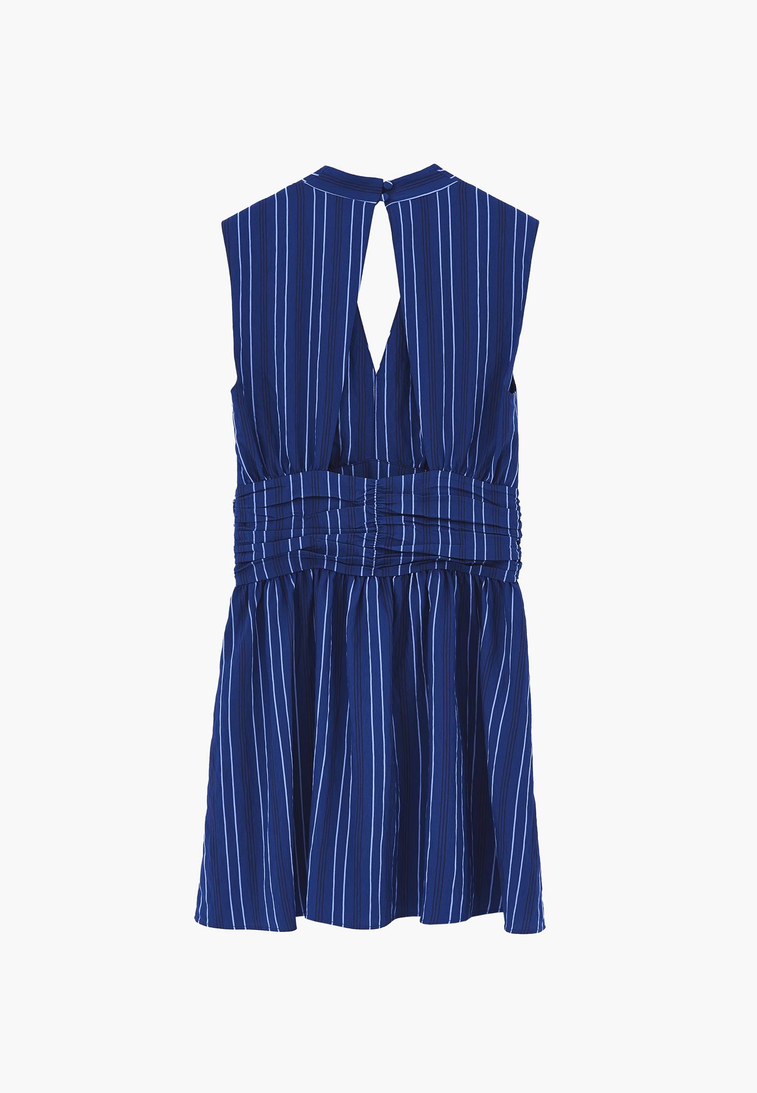 Ruched Deep V-Neck Short Dress - BLUE STRIPE COMB