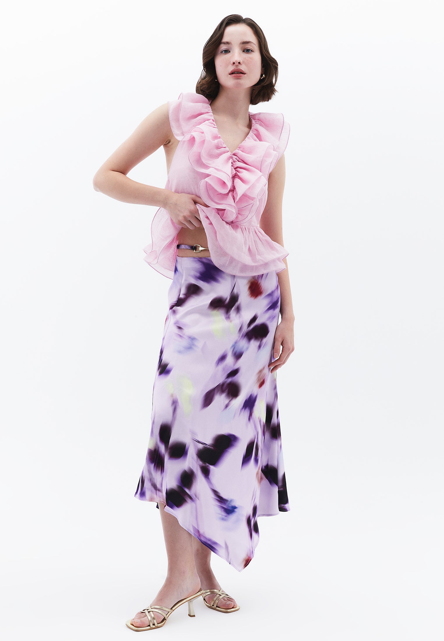 High Waist Long Skirt With Asymmetric Buckle Detail - BLUR COMB