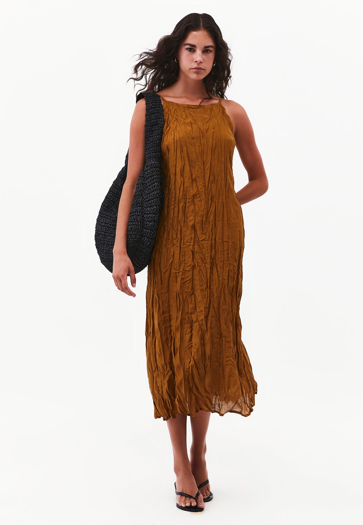 Long A-Line Dress with Halter Neck - Brown