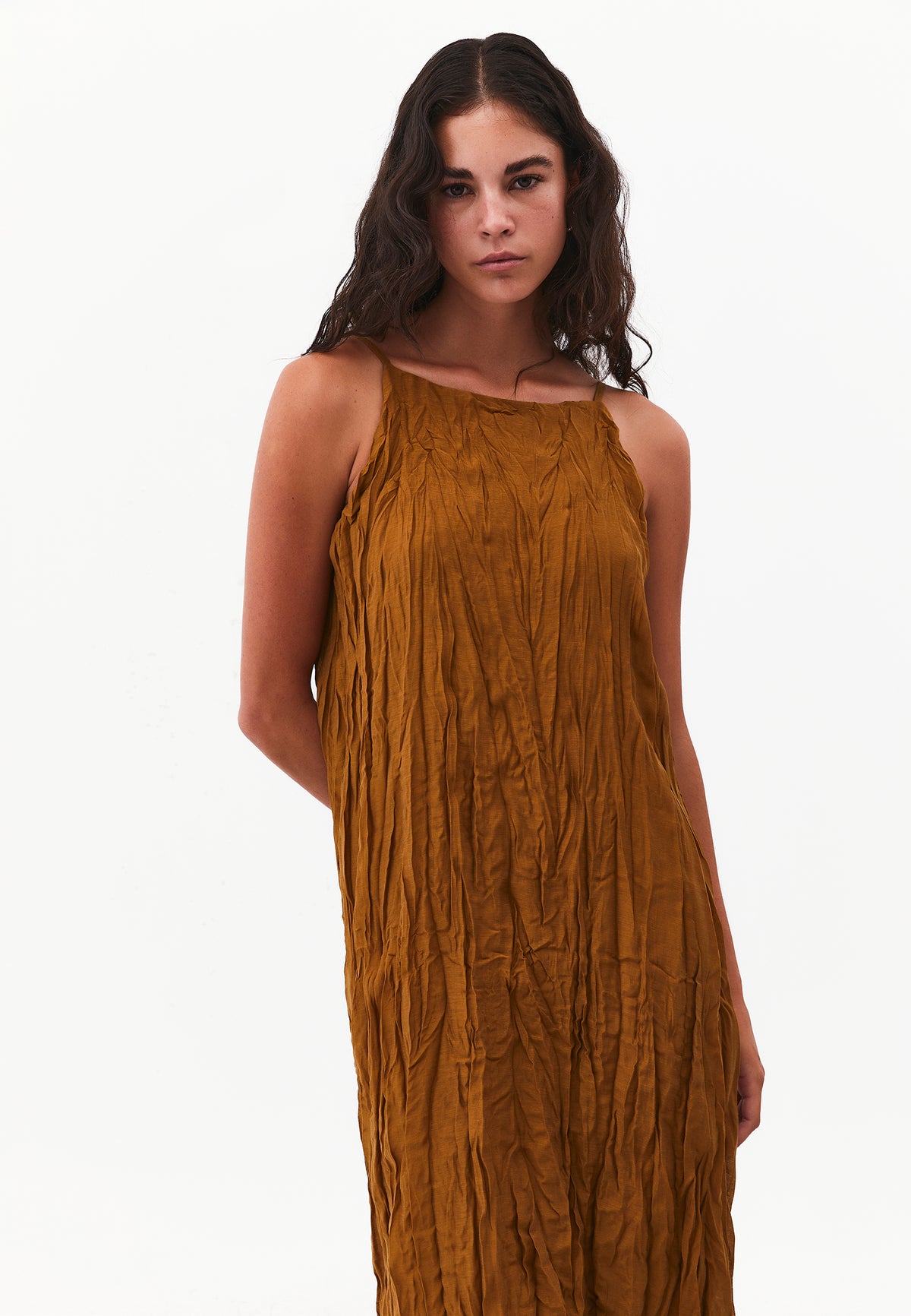 Long A-Line Dress with Halter Neck - Brown