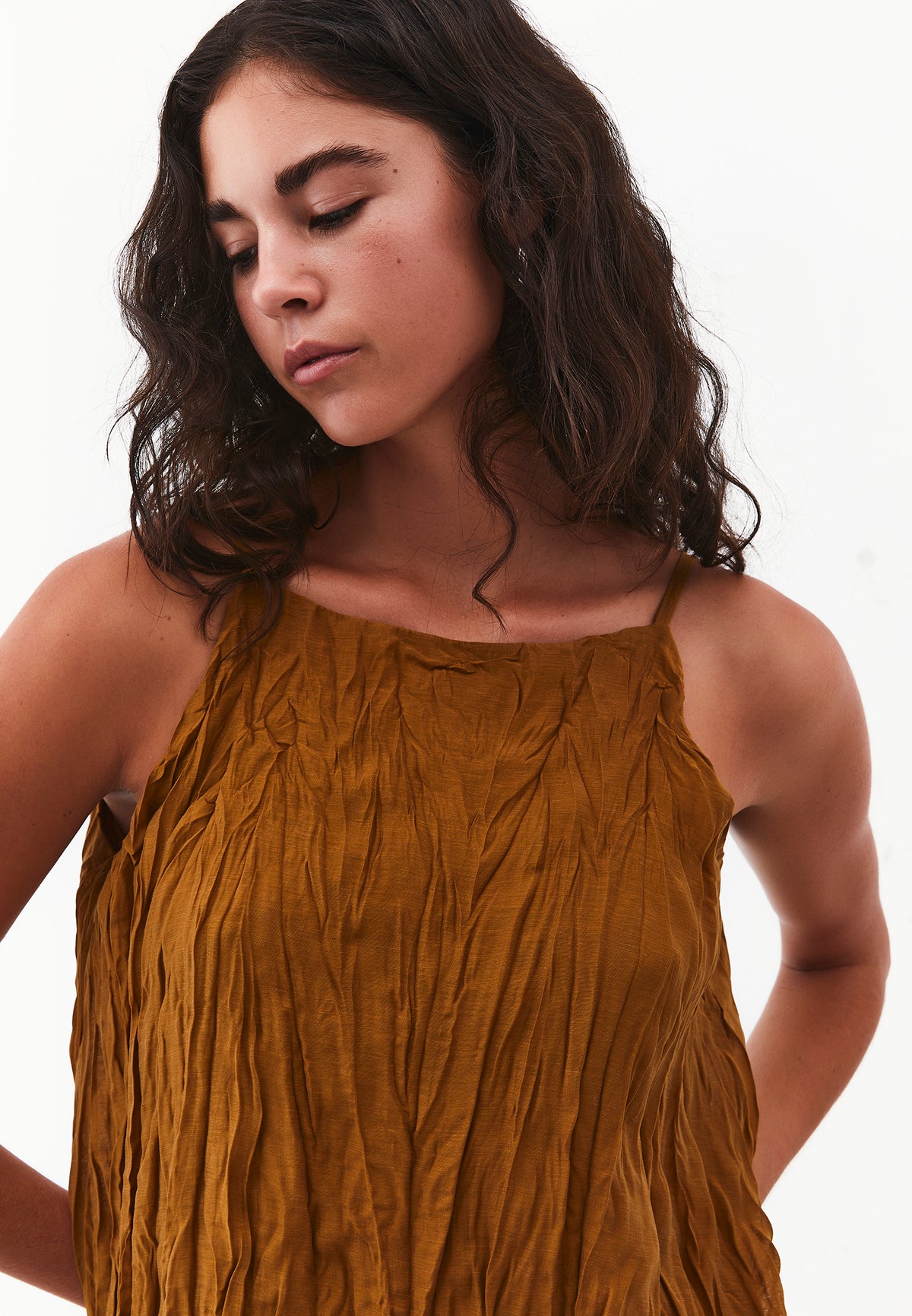 Long A-Line Dress with Halter Neck - Brown