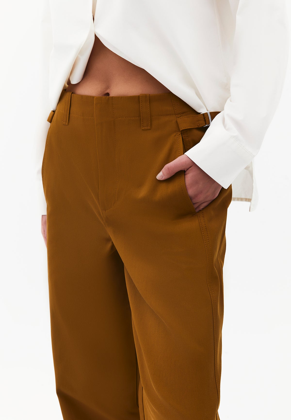 Straight Leg Pants with Ultra High Waist and Belt Detail - BRONZE BROWN