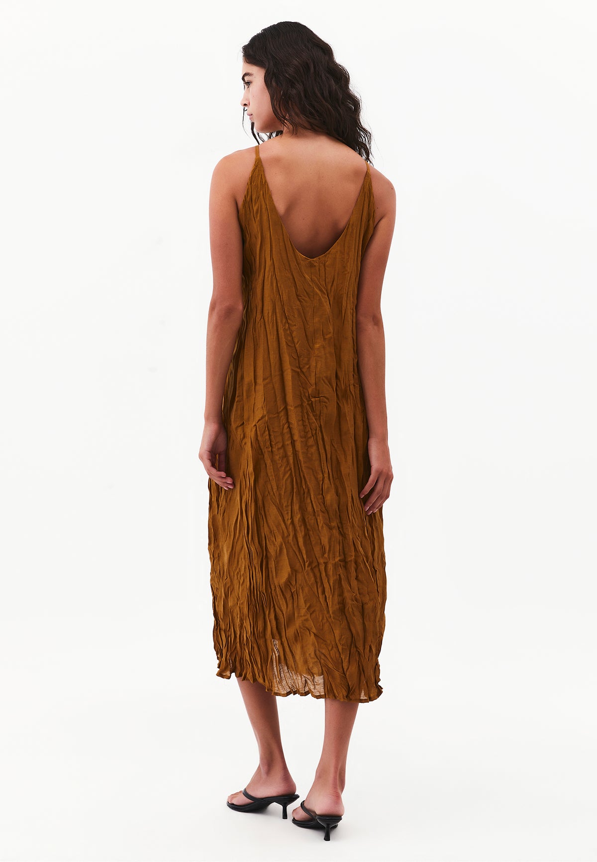Long A-Line Dress with Halter Neck - Brown