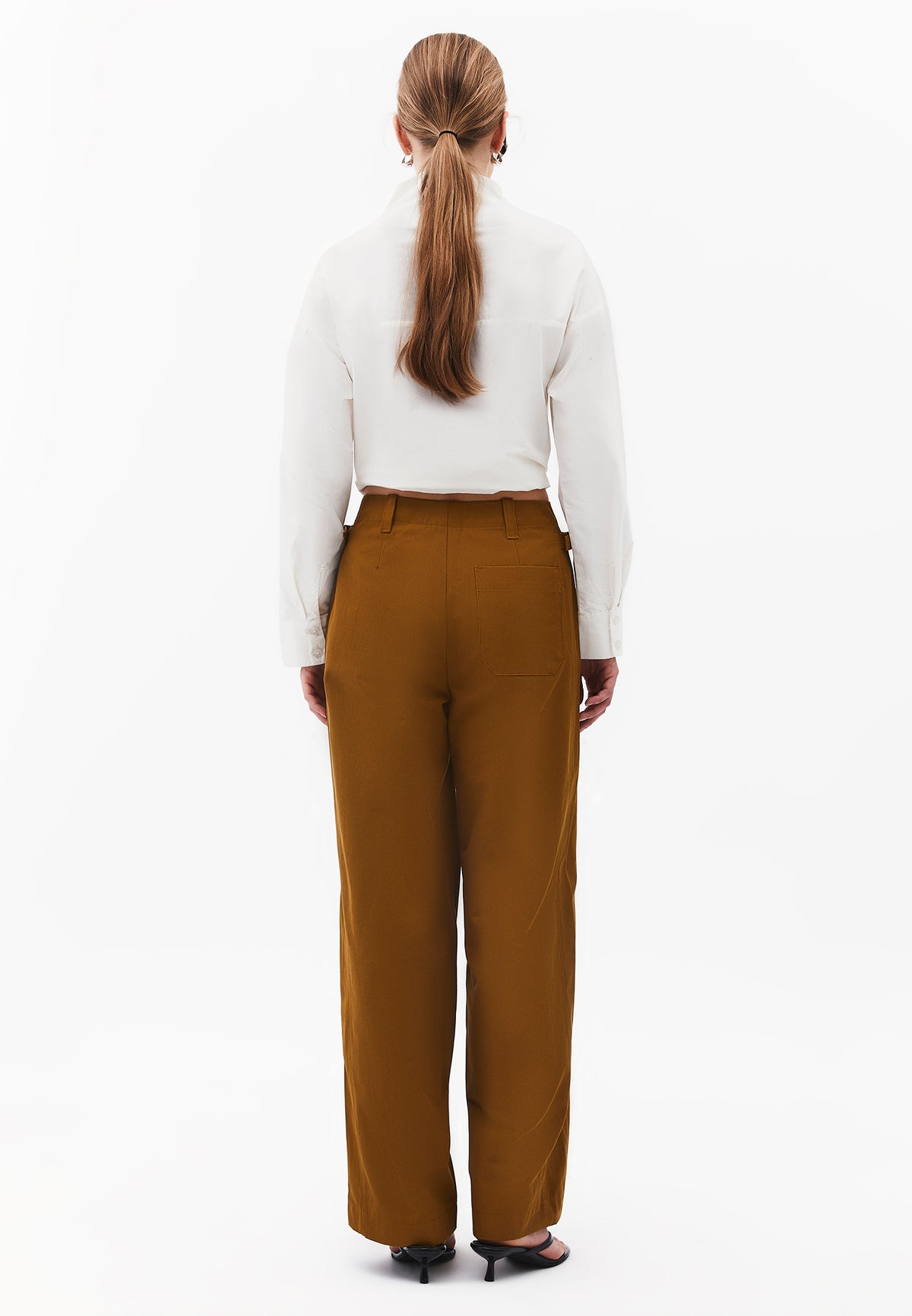 Straight Leg Pants with Ultra High Waist and Belt Detail - BRONZE BROWN