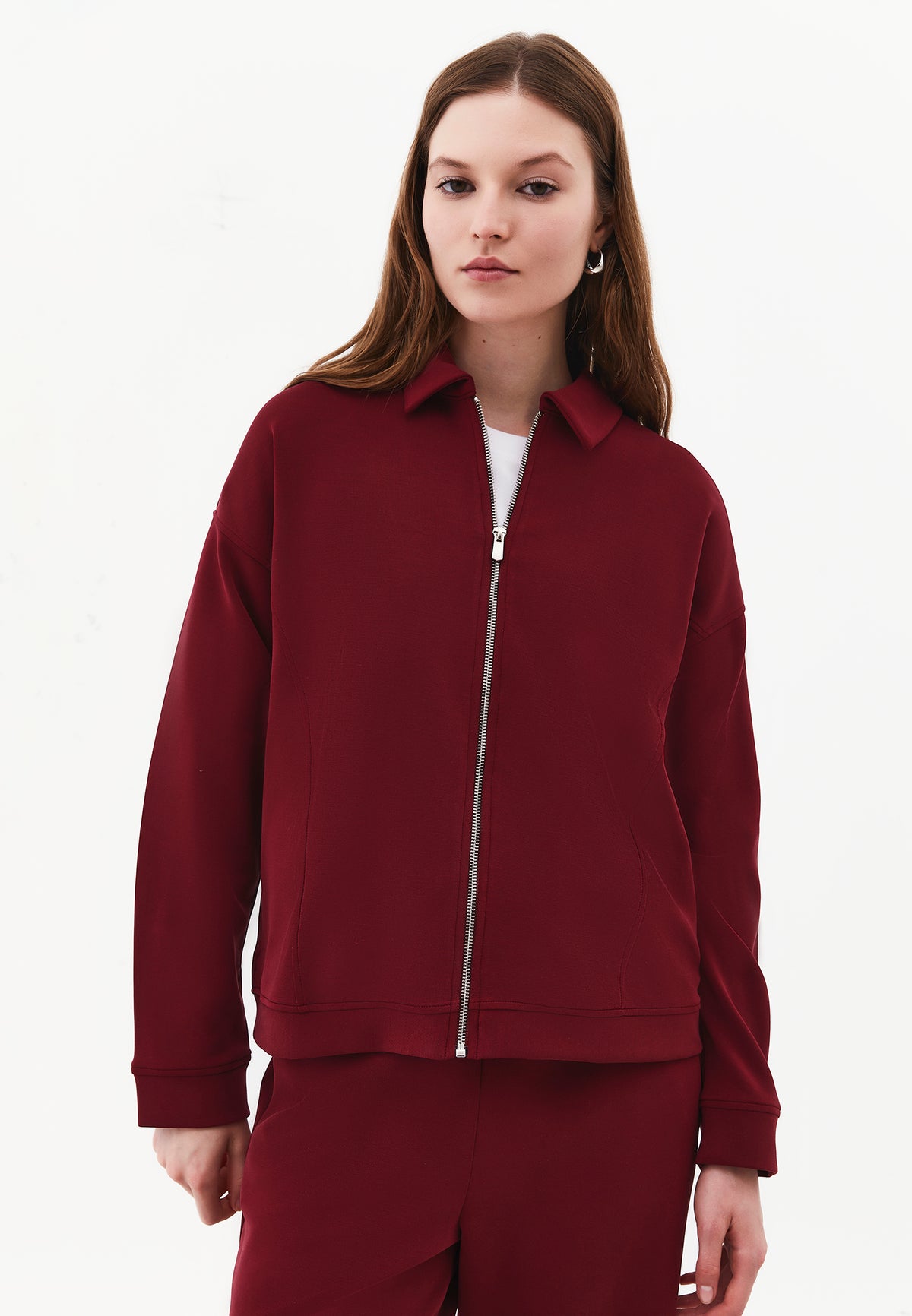 Zip Detail Polo Collar Sweatshirt - CABERNET